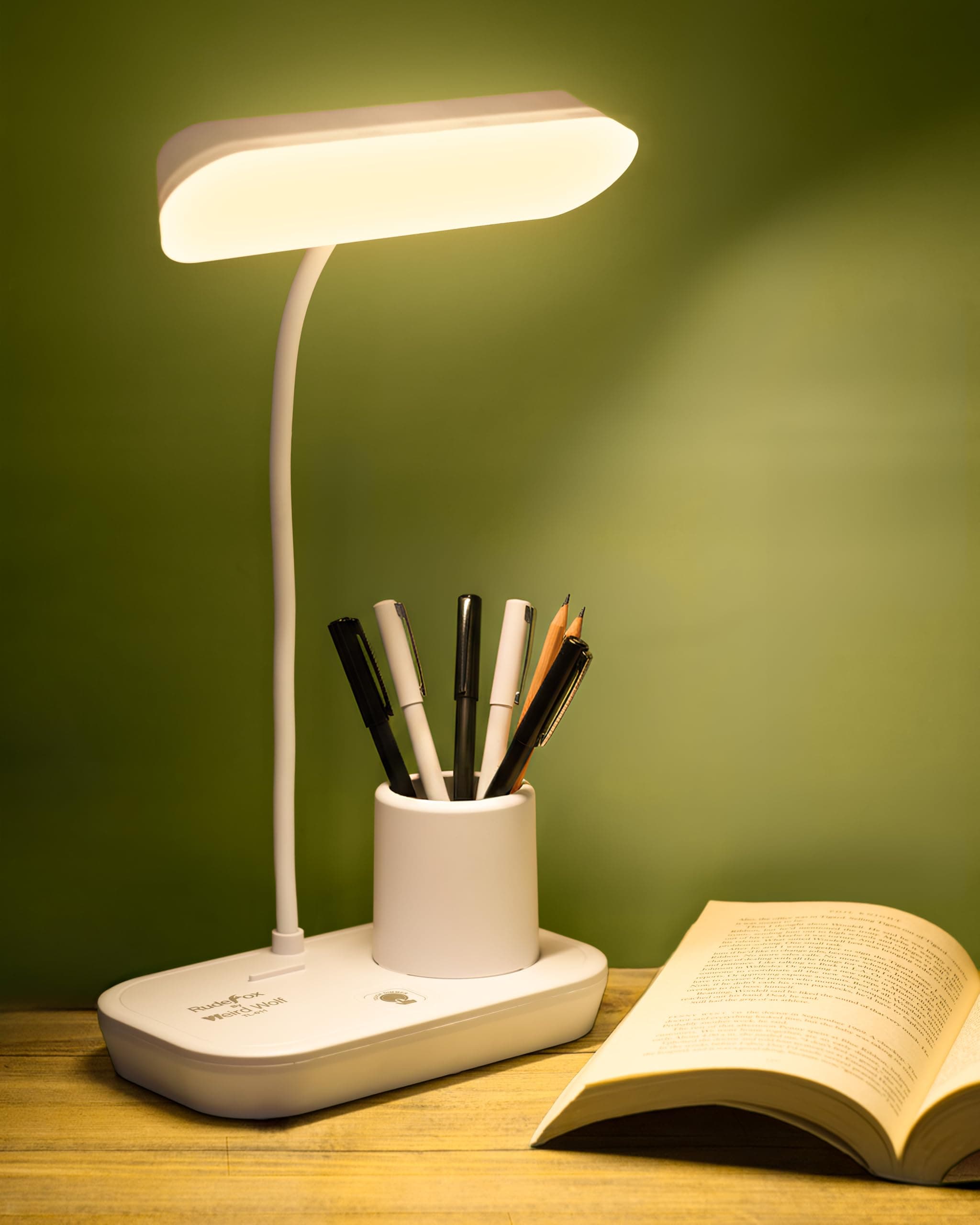 WEIRD WOLF Rechargeable Study Table Lamp for Study Room | 3 Color Modes & Adjustable Brightness | Touch Dimmer | Flexible Gooseneck, Pen & Mobile Holder | 2000mAh Battery | 6 Months Warranty