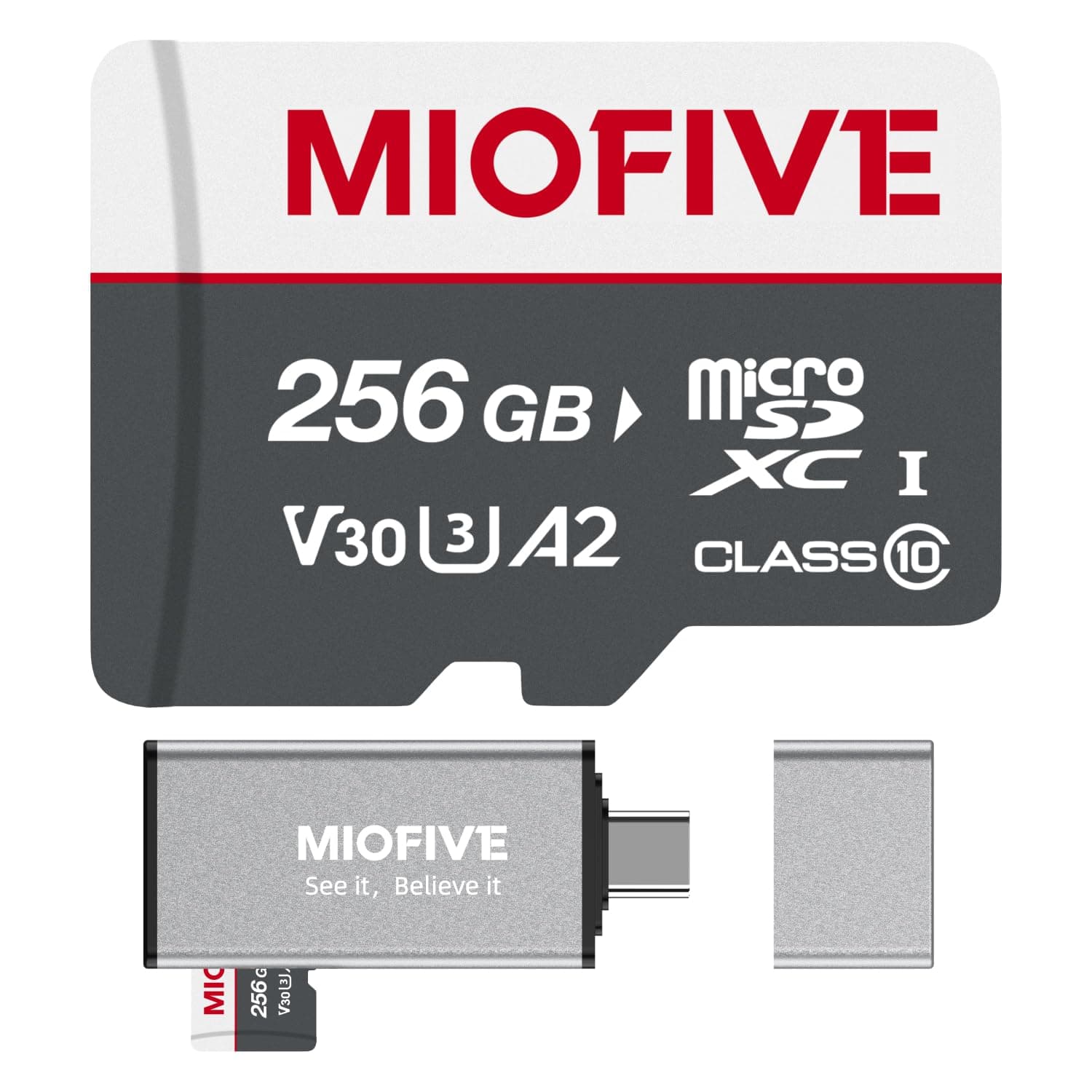 Miofive microSDXC Memory Card - Ultimate Micro SD Card with USB 3.0 Type-C Card Reader 170MB/s, C10, U3, A2, V30, 4K for Dash Cams, Android Smartphones, Tablets, and Gaming devices (256GB)