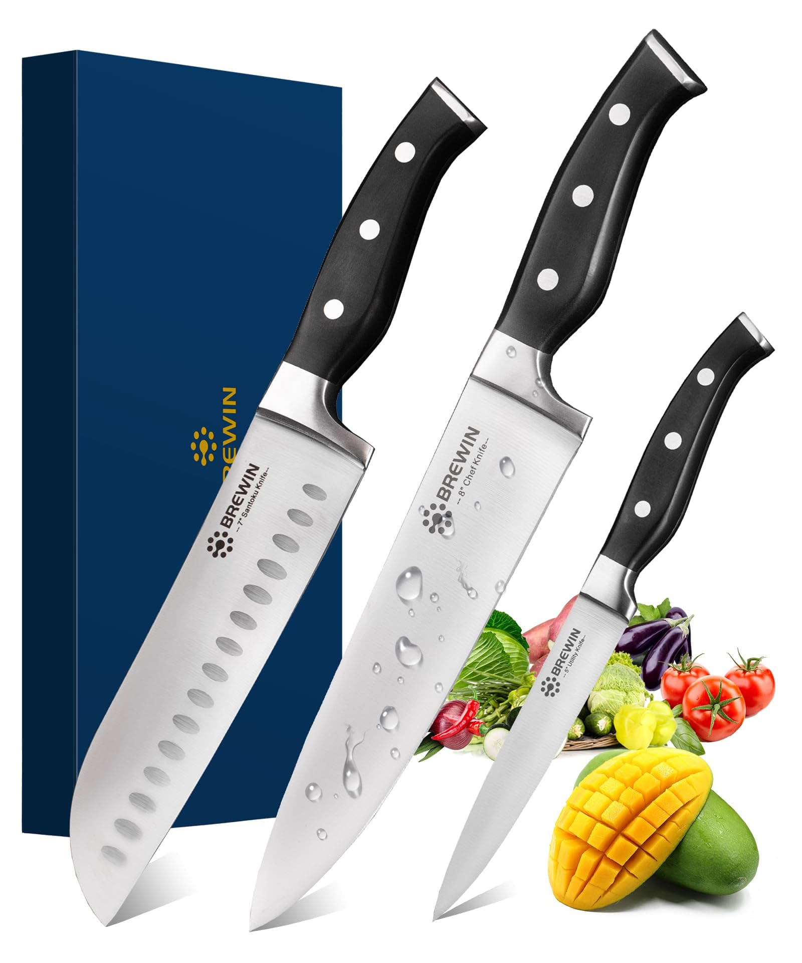 Brewin Professional Chef Knife Set 3PCS, Ultra Sharp Knives Set for Kitchen High Carbon Stainless Steel Kitchen Knife Sets Full Tang Ergonomic Handle Japanese Cooking Knife with Gift Box