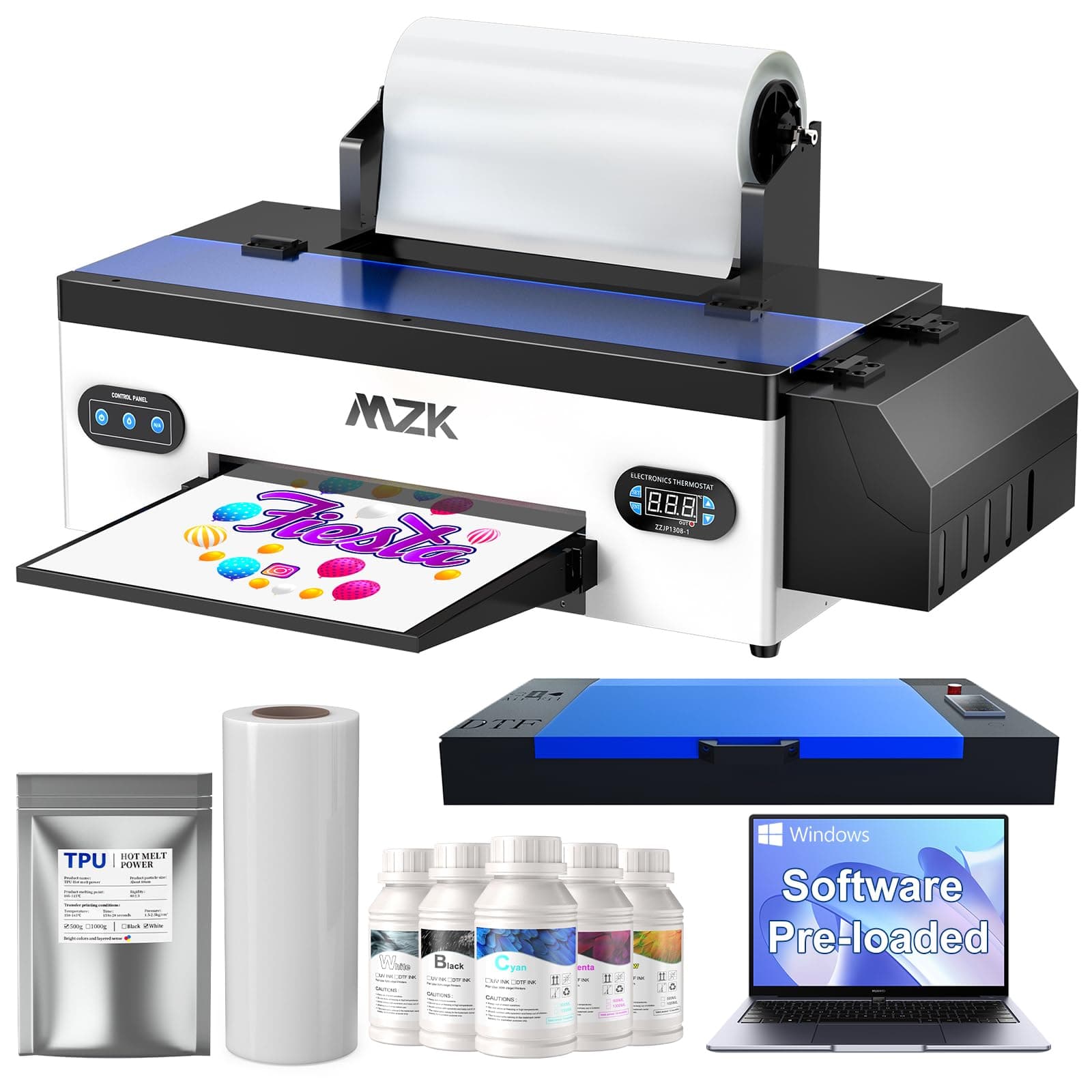 MZKA3 DTF Printer,High-Speed Print,13”Max Print Width,Safety Print Software,White Ink Circulation + Cleaning System,2880DPI,Gift Ink 2 Year (A3 Printer+Oven+Laptop-White)