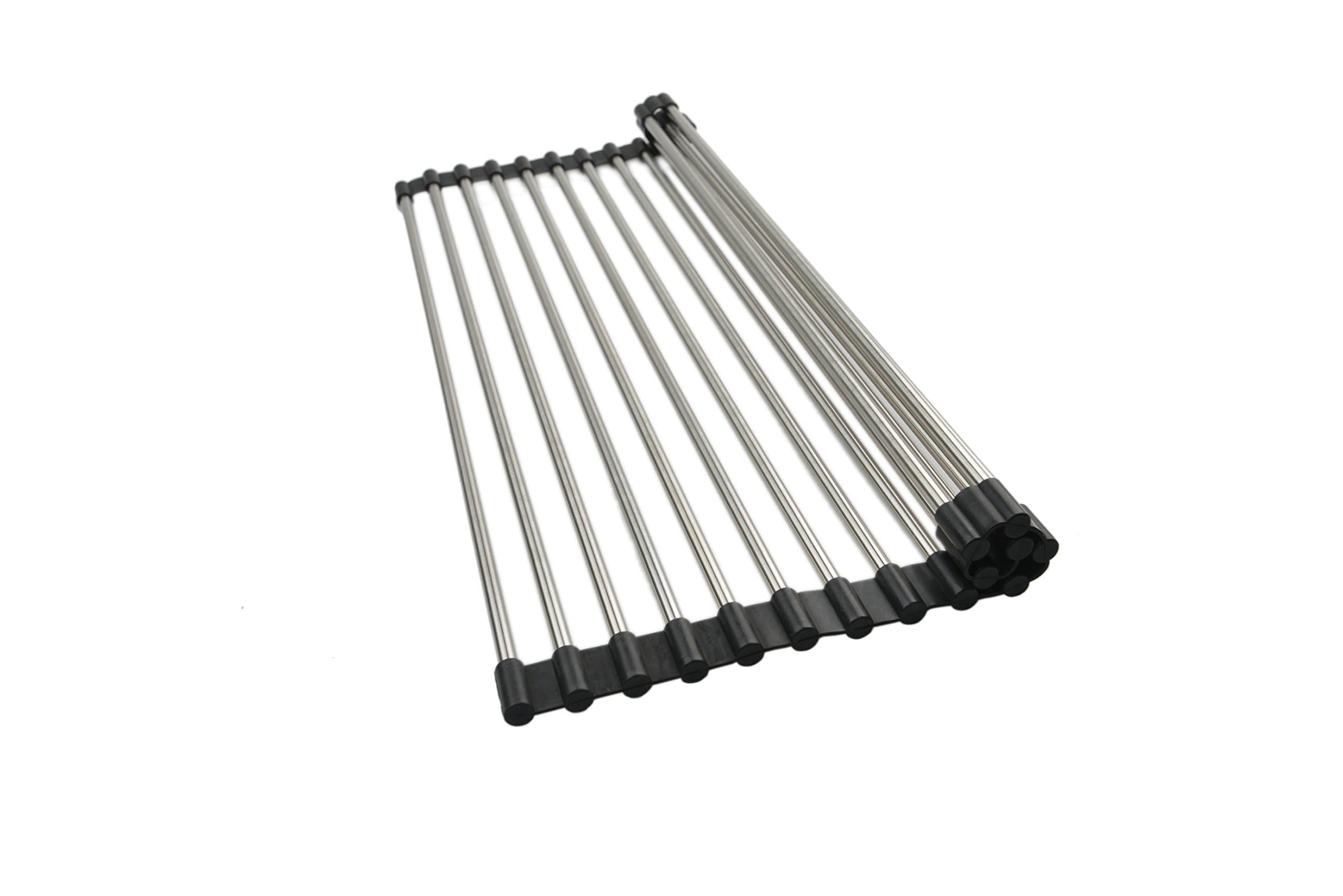 2USS Multipurpose Roll Up Dish Drying Rack 18/8 Stainless Steel,Over the Sink,Rollable, Foldable,and Easy to Store (15 pieces Drainer, Black)-15.8(L)9.5(W)0.5(H)