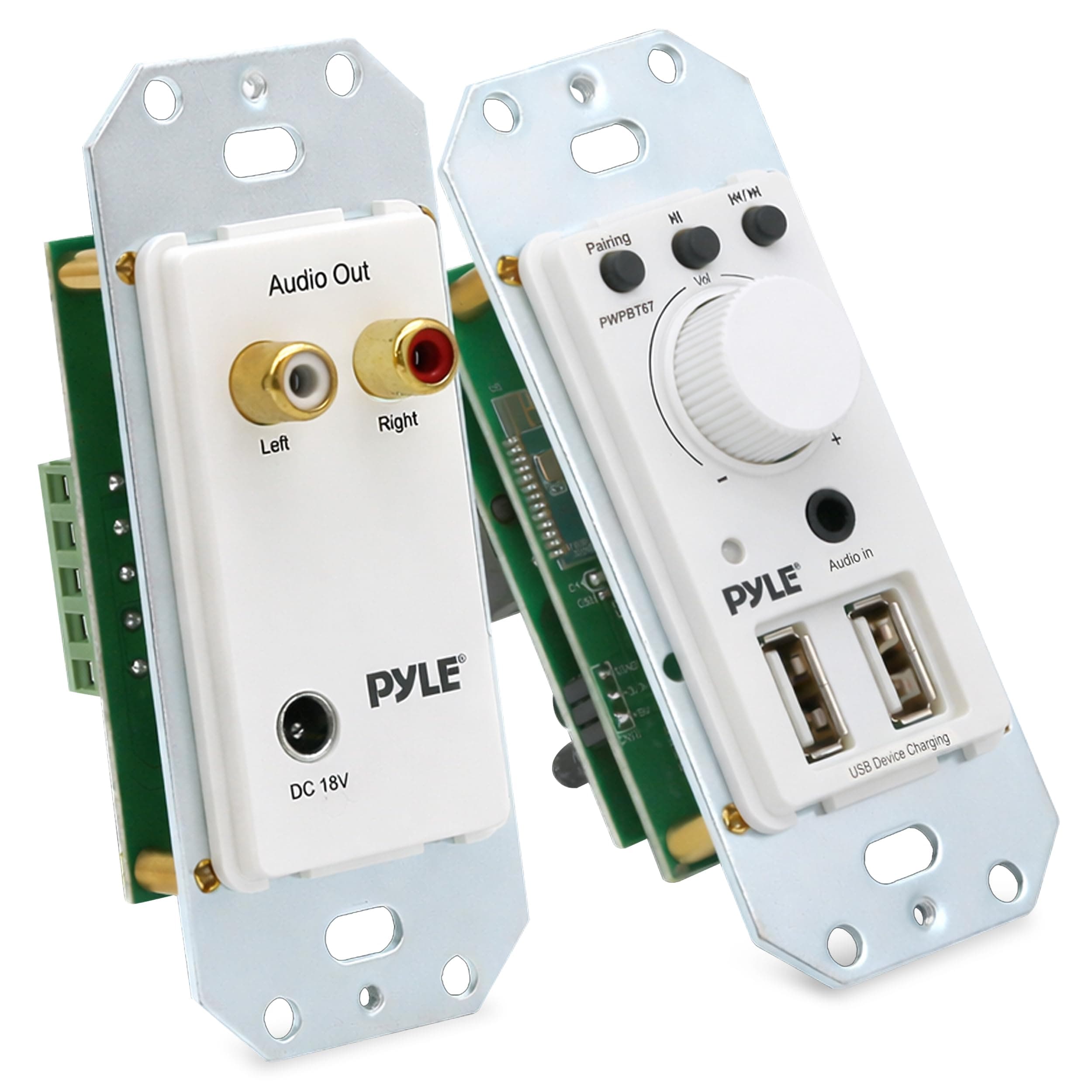 Bluetooth Receiver Wall Mount - In-Wall Audio Control Receiver w/Dual USB Charging Port, 3.5mm AUX Input for Sound Systems - For Home Theater Entertainment - Includes DC Power Adaptor - PWPBT67