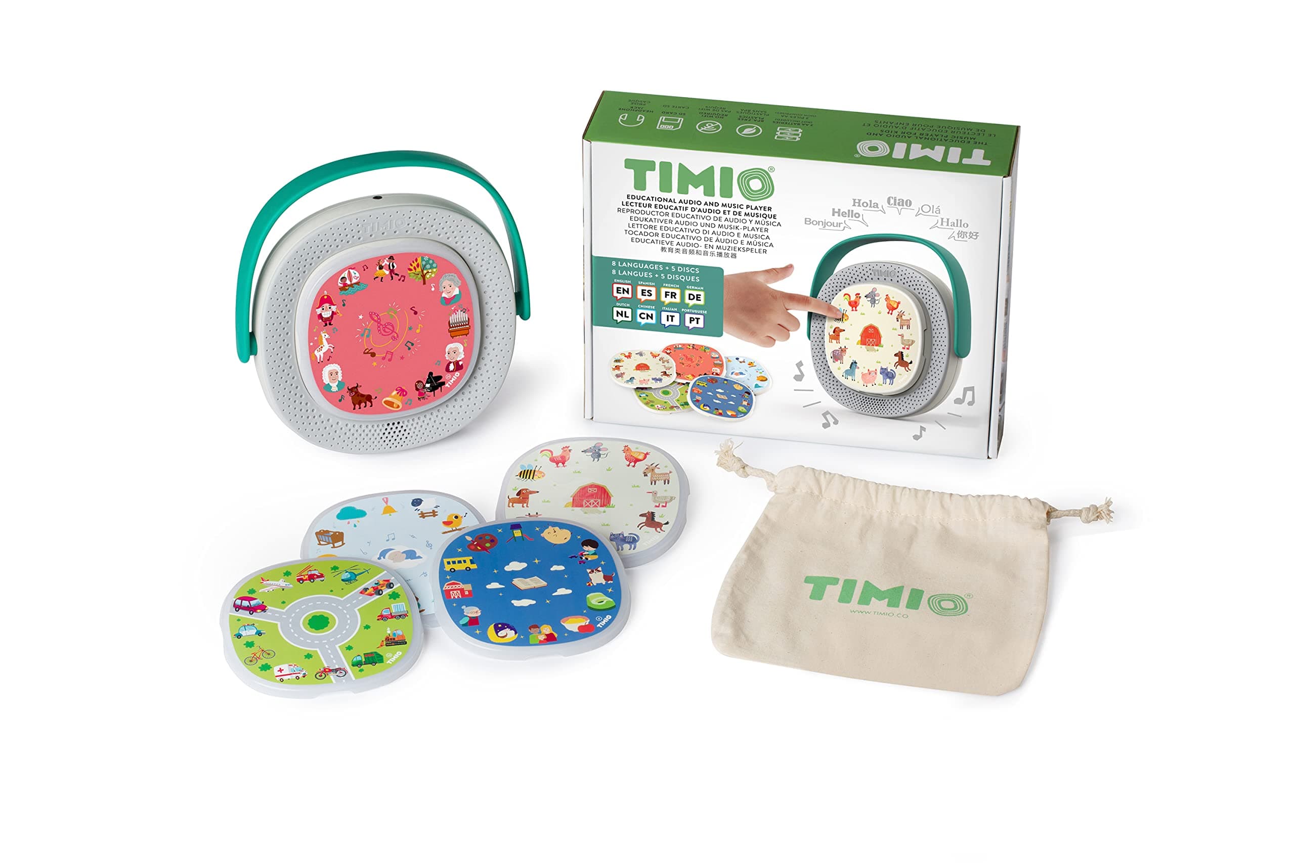 TIMIO Starter Kit: The screen-free, interactive educational Audio & Learning Toy from 2 years on with 5 Discs + 8 languages DE/EN/FR/ES/IT/NL/CN/PT