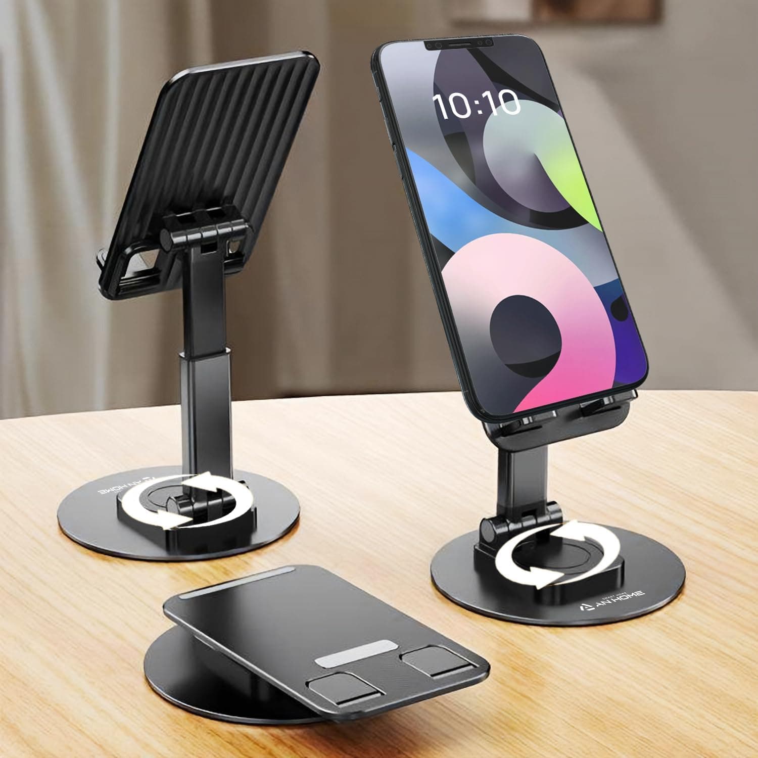 AMBLIC Desktop Adjustable Foldable Mobile Phone Stand Dock Tabletop Mount, Aluminum Stand for Table & Bed Compatible with All Smartphones & Tablets 4 to 11''inch Desk Accessories