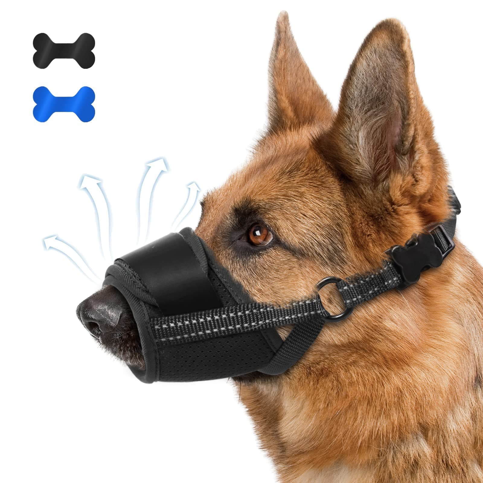 Mkery Dog Muzzle, Breathable Soft Pet Muzzle for Large Dogs Anti Biting Barking Chewing, No Bark Air Mesh Dog Muzzle with Reflective & Adjustable Strap for Small Medium Large Sized Dog（Black-XL