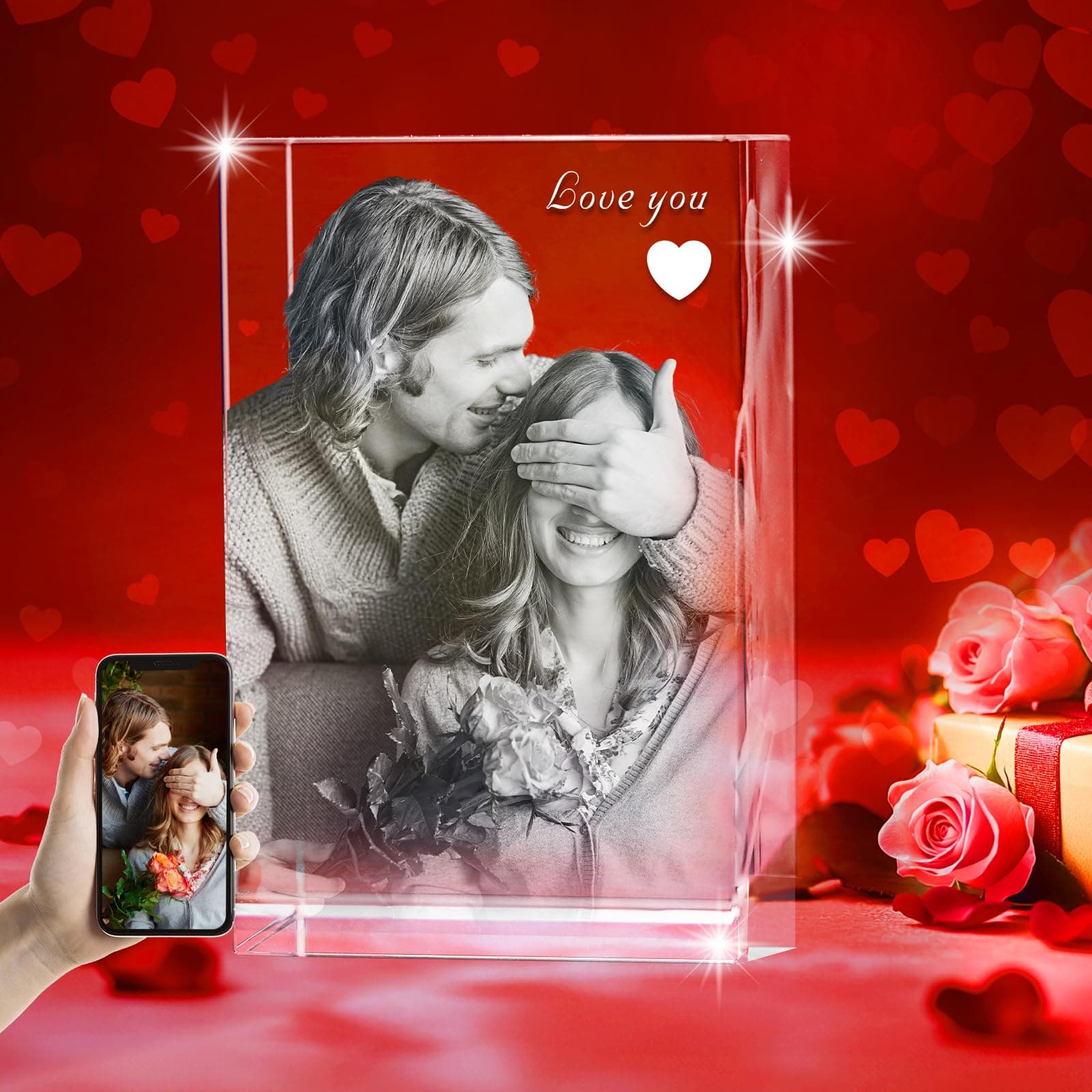 Personalized 3D Crystal Photo - Optional Multicolor Light Base| Gift Box| Customized Laser Etched Crystal Picture for Moms, Dads, Birthdays, Christmas & Celebrations - Rectangular (Medium)