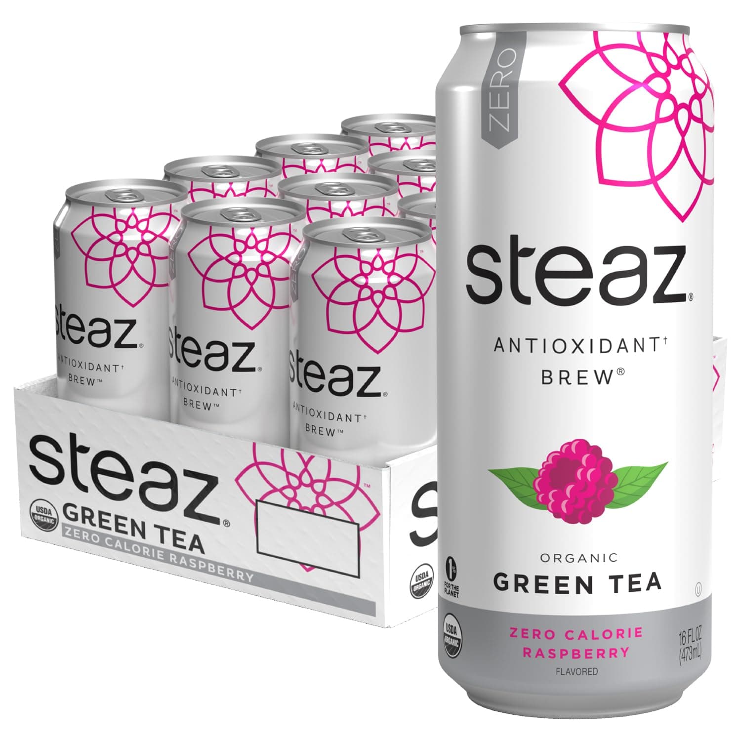 Steaz - Organic Green Tea - Zero Calorie Raspberry (12 Pack) - Antioxidant Brew - 65mg Natural Caffeine, Vitamin C - Stevia Sweetened Iced Tea - Vegan, Fair Trade - 12 Cans, 16 fl oz (473mL)