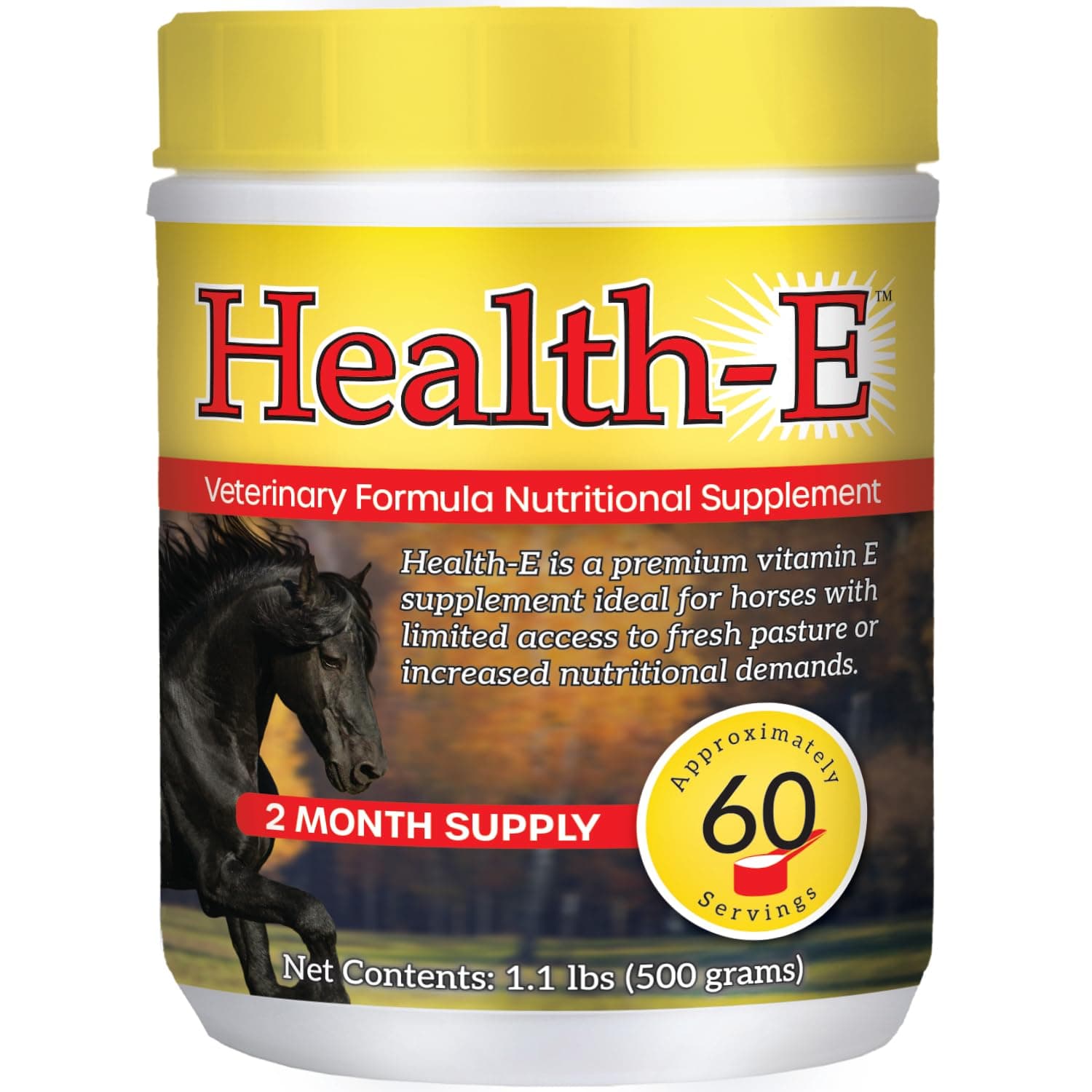 Vitamin E Supplement for Horses, High-Potency dl-Alpha Tocopherol Powder, Supports Immune Muscle Skin and Nerve Wellness, Low Sugar Starch and Fructans (60 Servings)