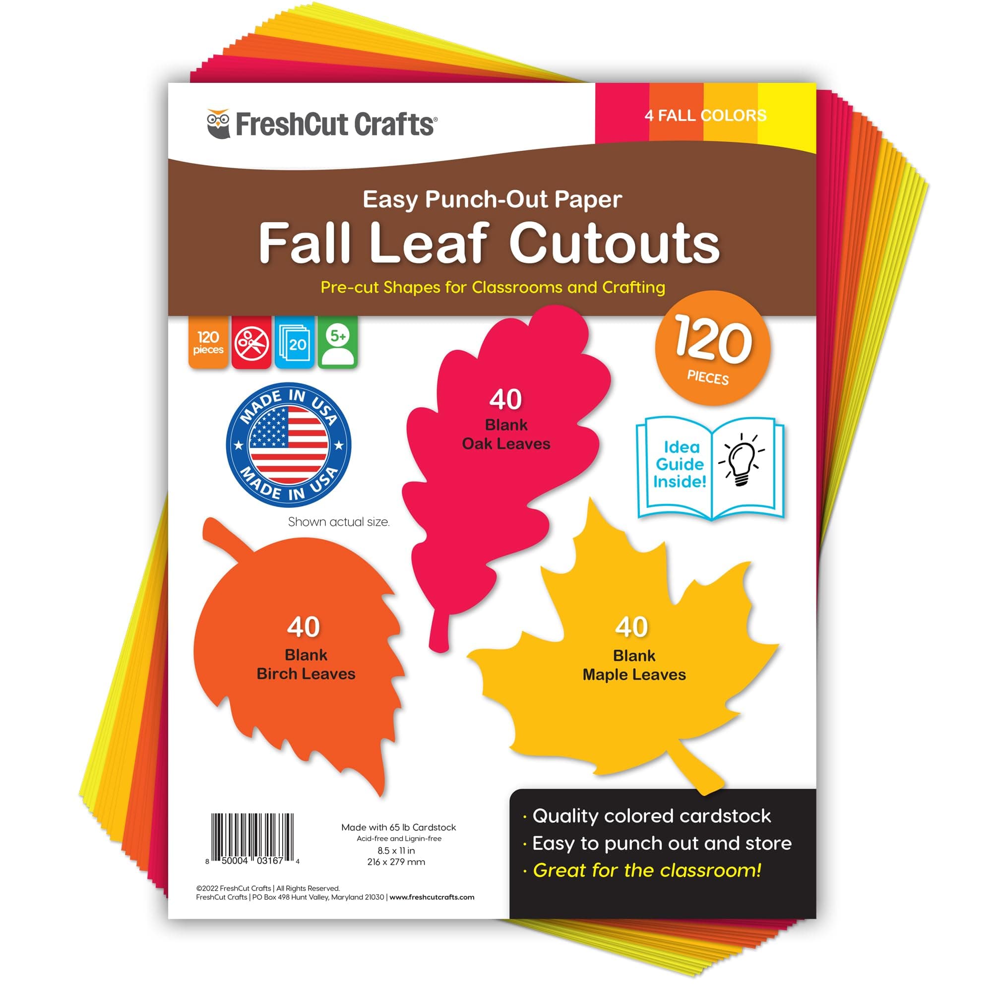 120 Pieces Fall Leaf Paper Cutouts with IDEA GUIDE, 2-Sided US Made Card Stock Punch Out Maple Oak Birch Leaves for Bulletin Boards, Classroom Decor, and Autumn Crafts