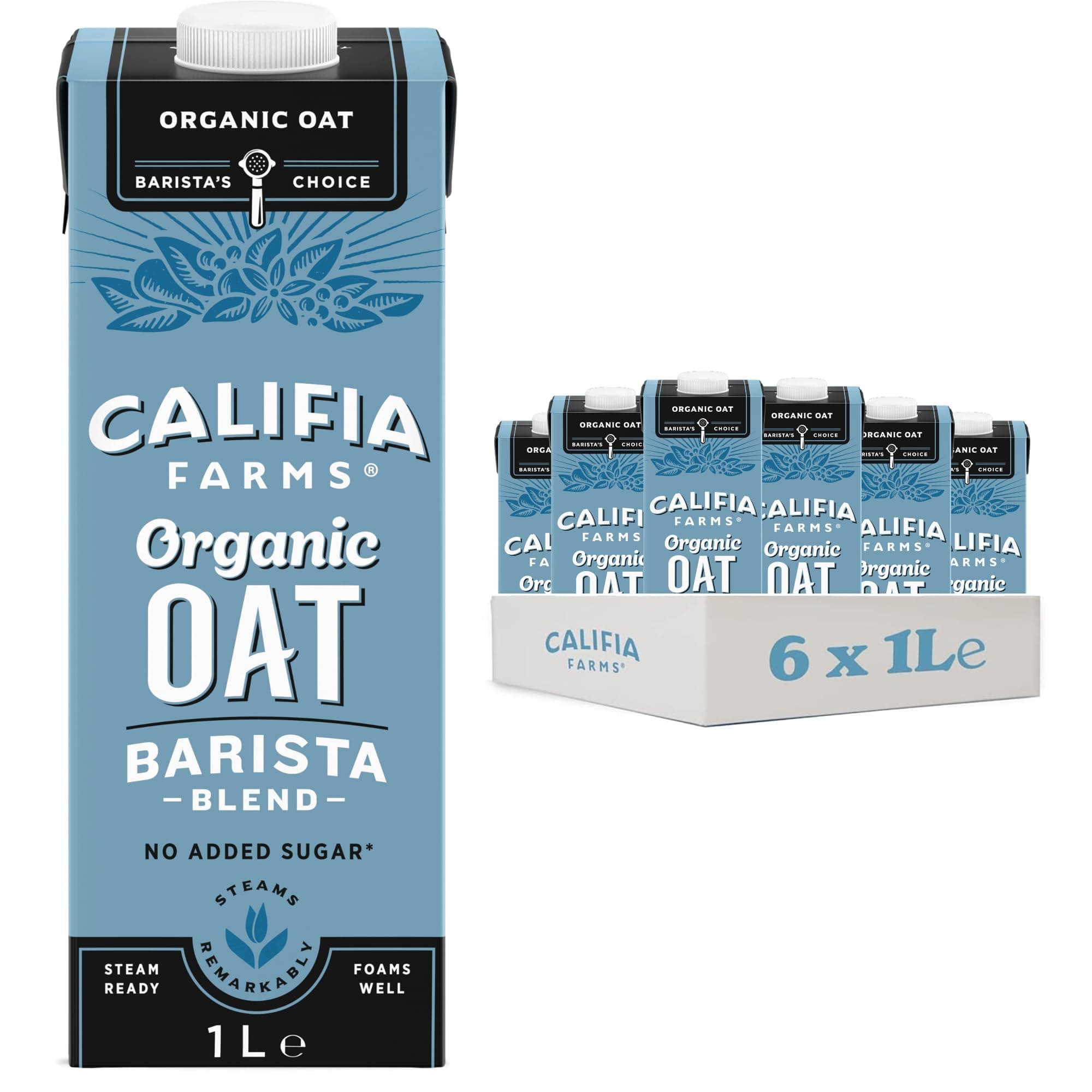 Califia Farms Organic Oat Barista Blend - Lactose Free, Dairy Free, No Added Sugar, Vegan, Plant Based Drink (6 x 1L)