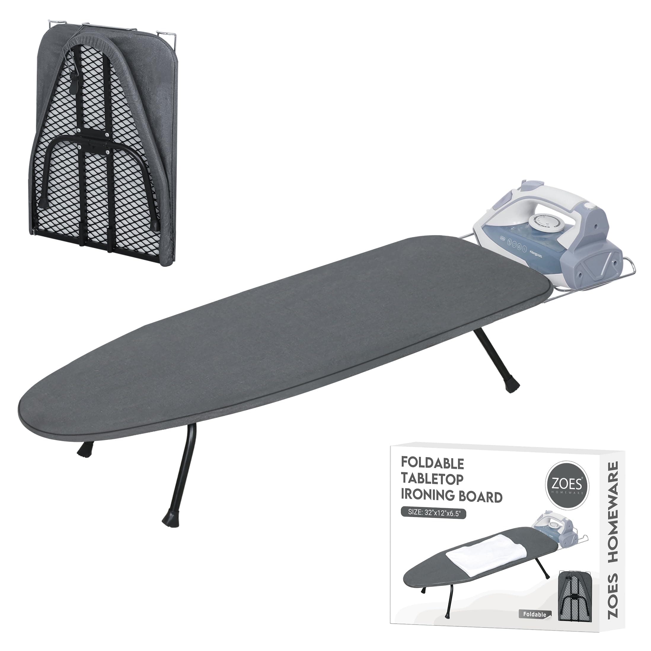Metal Mesh Panel Tabletop Ironing Board | Foldable Iron Board | Heavy Duty Small Iron Board with Heat Resistant Cover and 100% Cotton 8mm Thicken Pad | 31.5"x11.8"x6.2"