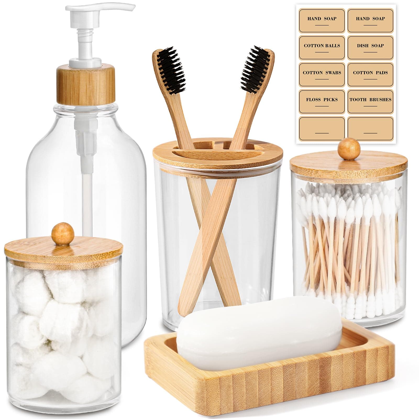 Bamboo Bathroom Accessory Set 5 Pcs, Boho Bathroom Accessories Sets Complete, Clear Bath Soap Dispenser and Toothbrush Holder Set, Soap Dish, Cotton Swab Jar, Boho Organizer