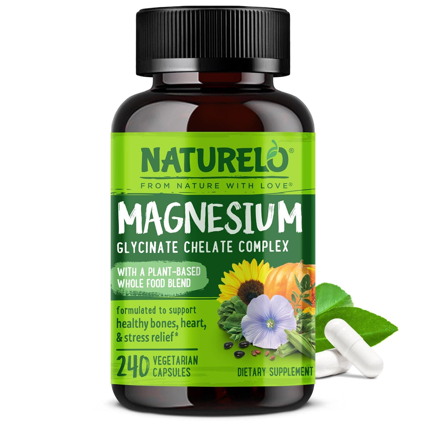 NATURELO Magnesium Glycinate Chelate Complex - 200 mg Magnesium with Organic Vegetables to Support Sleep, Calm, Muscle Cramp & Stress Relief - Gluten Free, Non GMO - 240 Capsules