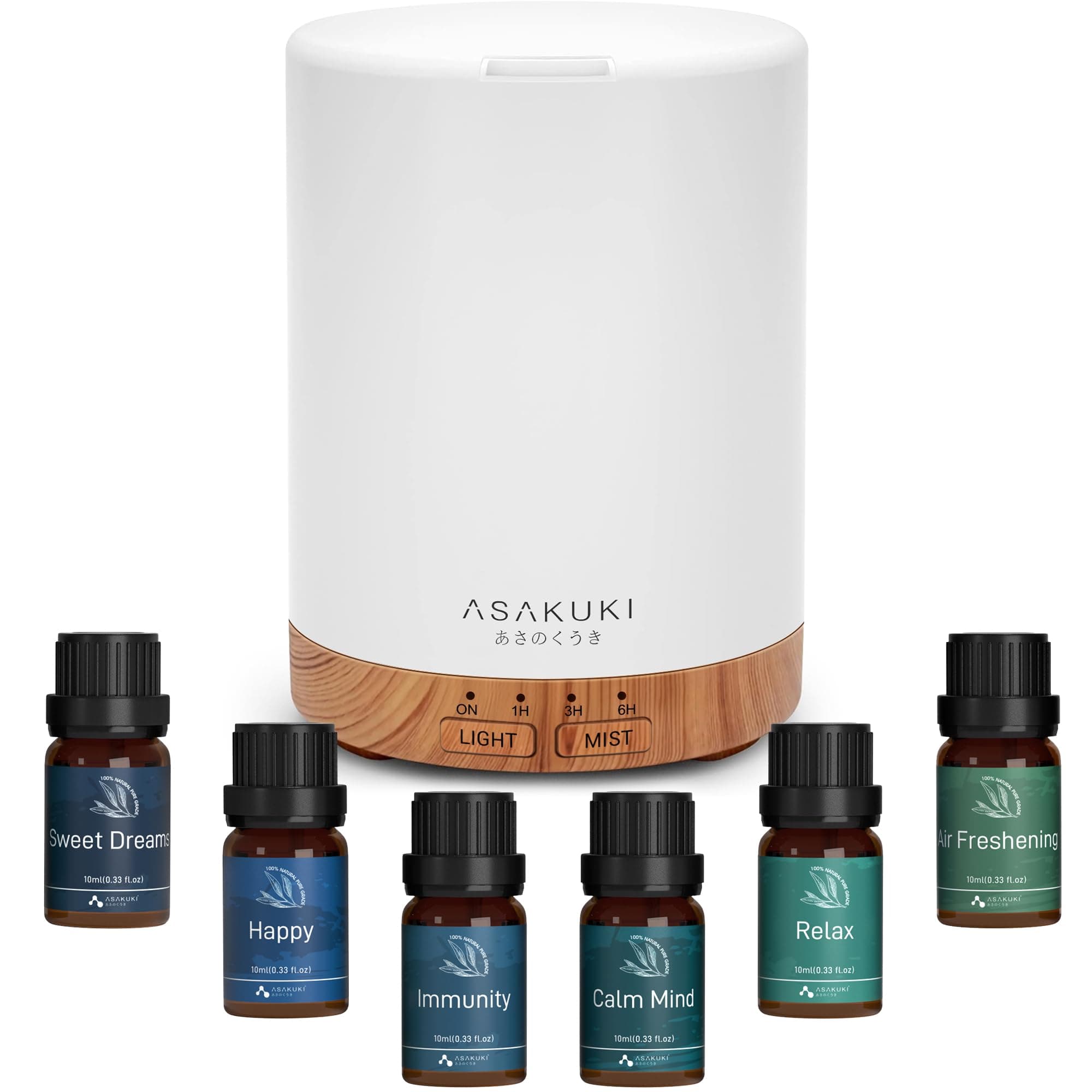 ASAKUKI Essential Oil Diffuser for Home, 300 ml Aromatherapy Diffuser with 6 Essential Oil Sets, Automatic Shut-Off, 7 LED Lights for Living Room, Kitchen, Bedroom, Hotel - Brown with Oils