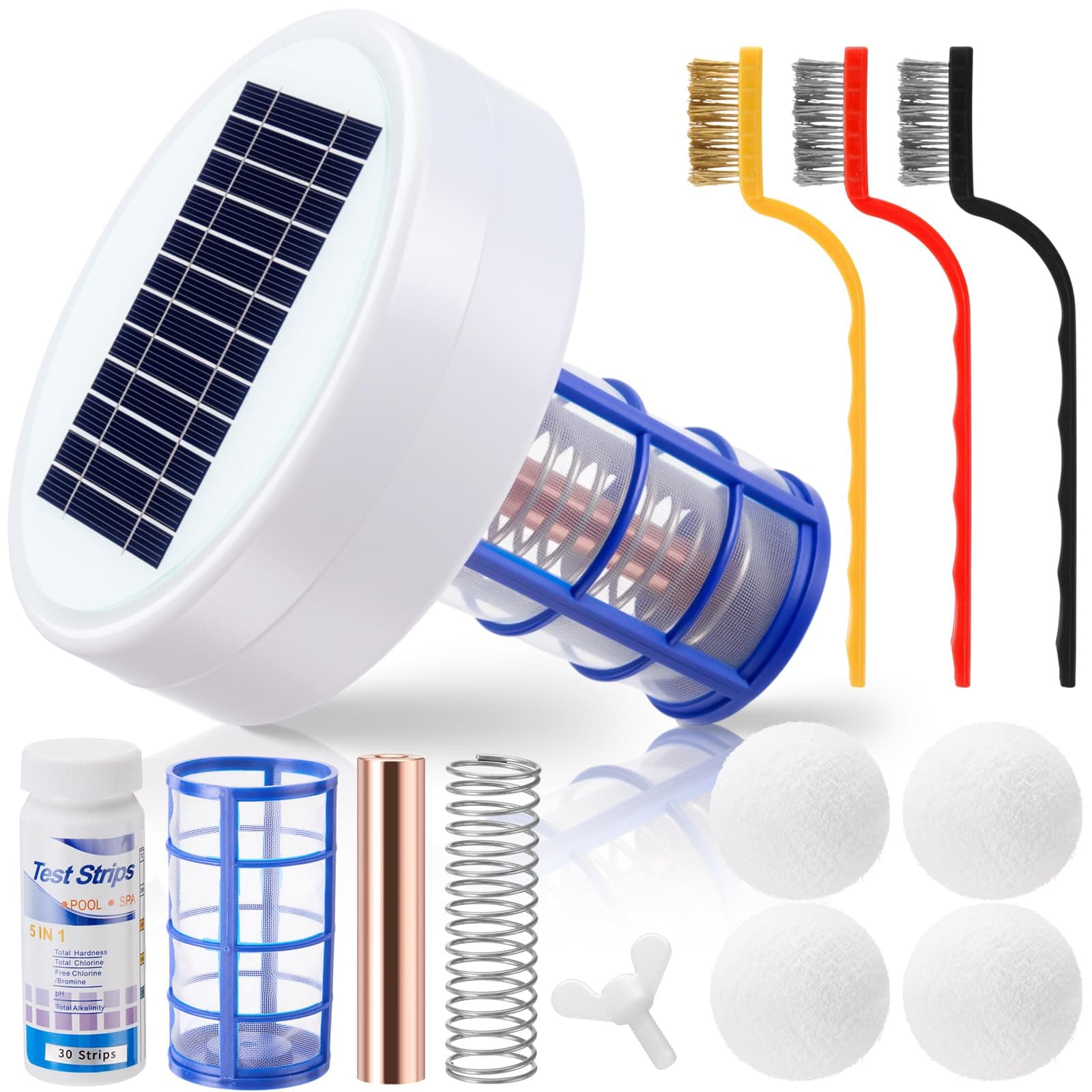 Qualirey Solar Pool Ionizer Automatic Floating Pool Cleaner, Water Ionizer with 4 Pcs Scum Eliminating Ball, for Above Ground and Inground Pools, up to 35, 000 Gallons (Without Light)