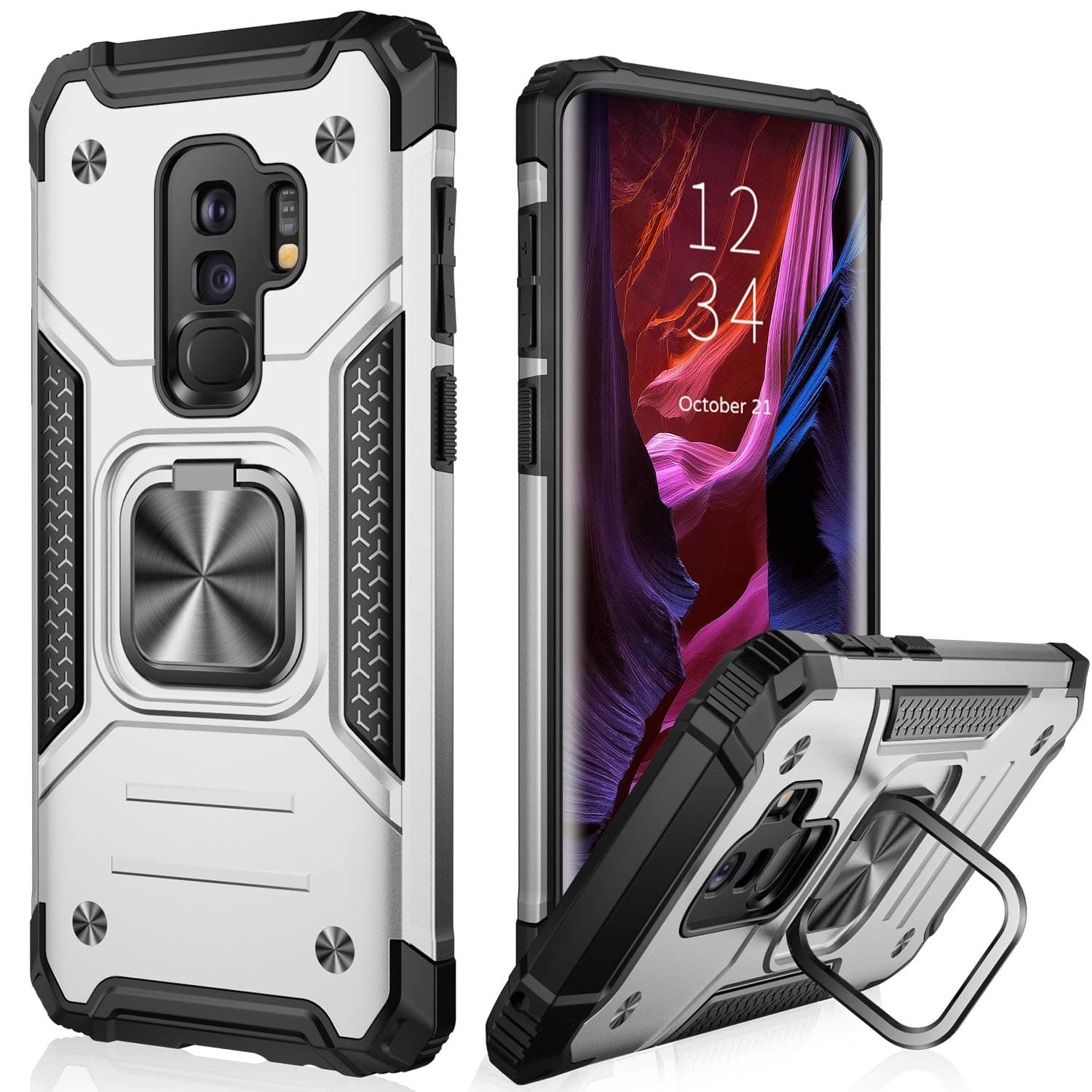 IKAZZ for Galaxy S9 Plus Case,Dual Layer Soft Flexible TPU and Hard PC Anti-Slip Full-Body Rugged Protective Phone Case with Magnetic Kickstand for Samsung Galaxy S9 Plus Silver