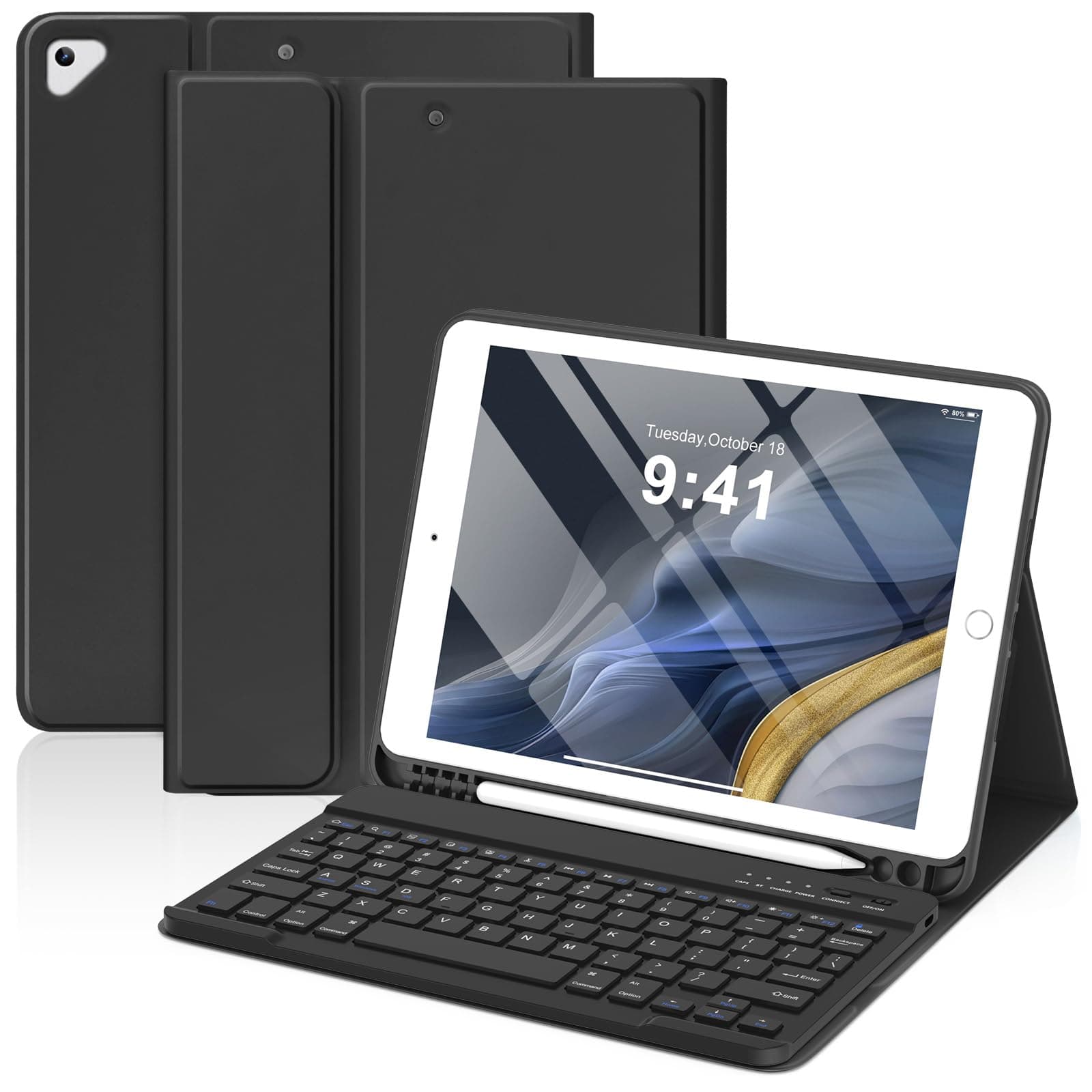 KBCASE Keyboard Case for iPad 9th/8th/7th Generation 2021/2020/2019, Compatible with iPad Air 3/Pro 10.5, Detachable Bluetooth Keyboard Case with Pencil Holder (Black)