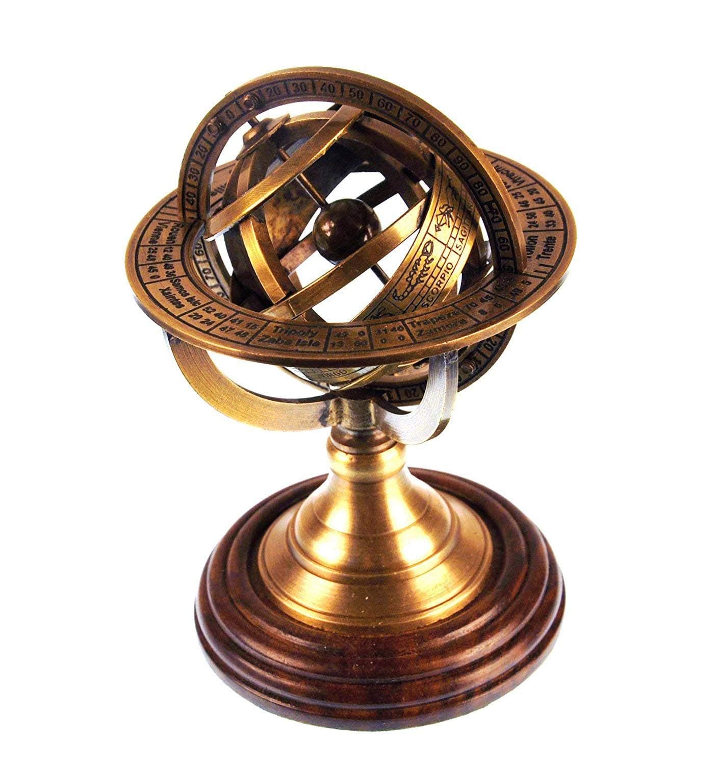 THORINSTRUMENTS (with device) 5" Nautical Brass Armillary Sphere World Globe Rosewood Base Table Decor Gift