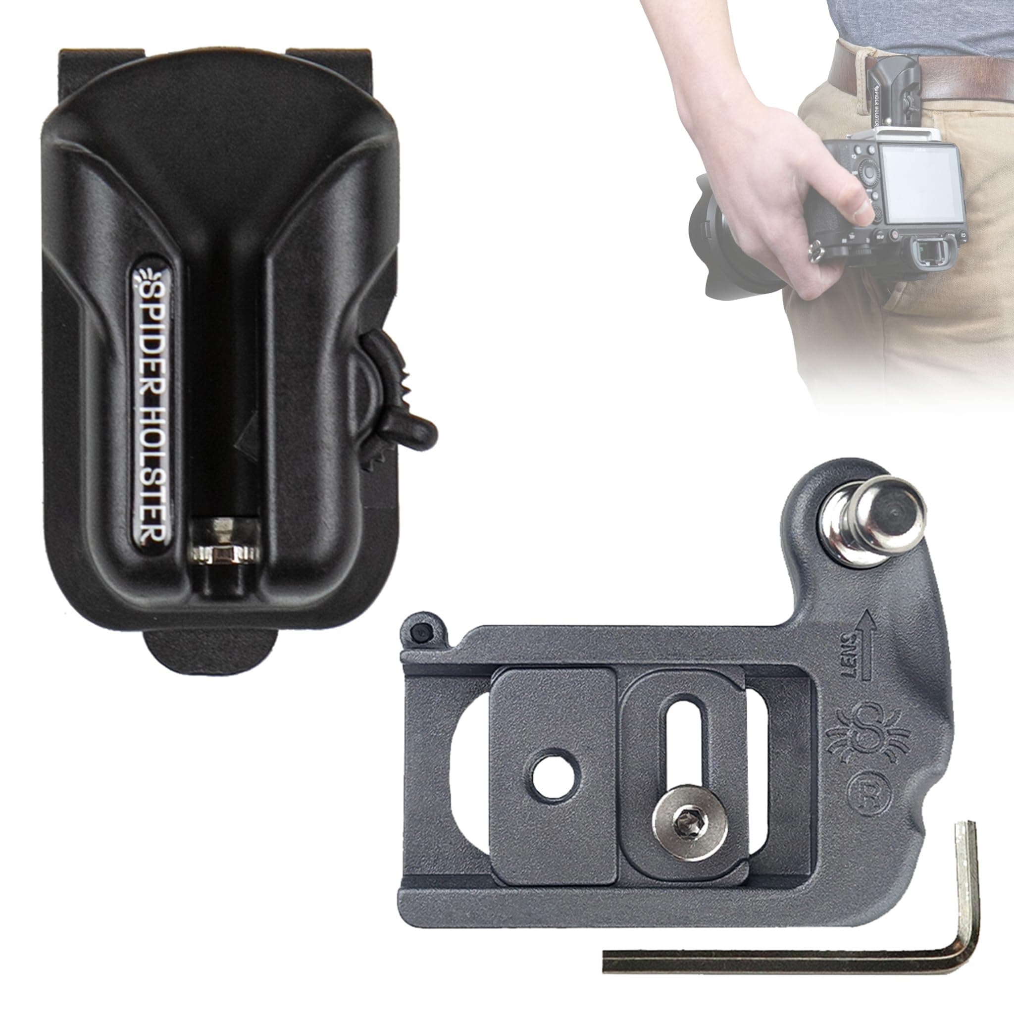 Spider Holster – Clip-on Camera Holster with Quick-Draw and Secure Self-Lock Options Includes Camera Plate with Durable Stainless Steel Pin – Compatible with Any Belt