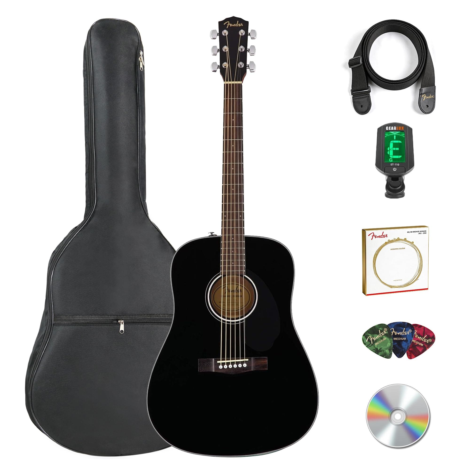 Fender CD-60S Solid Top Dreadnought Acoustic Guitar - Black Bundle with Gig Bag, Tuner, Strap, Strings, Picks, and Austin Bazaar Instructional DVD