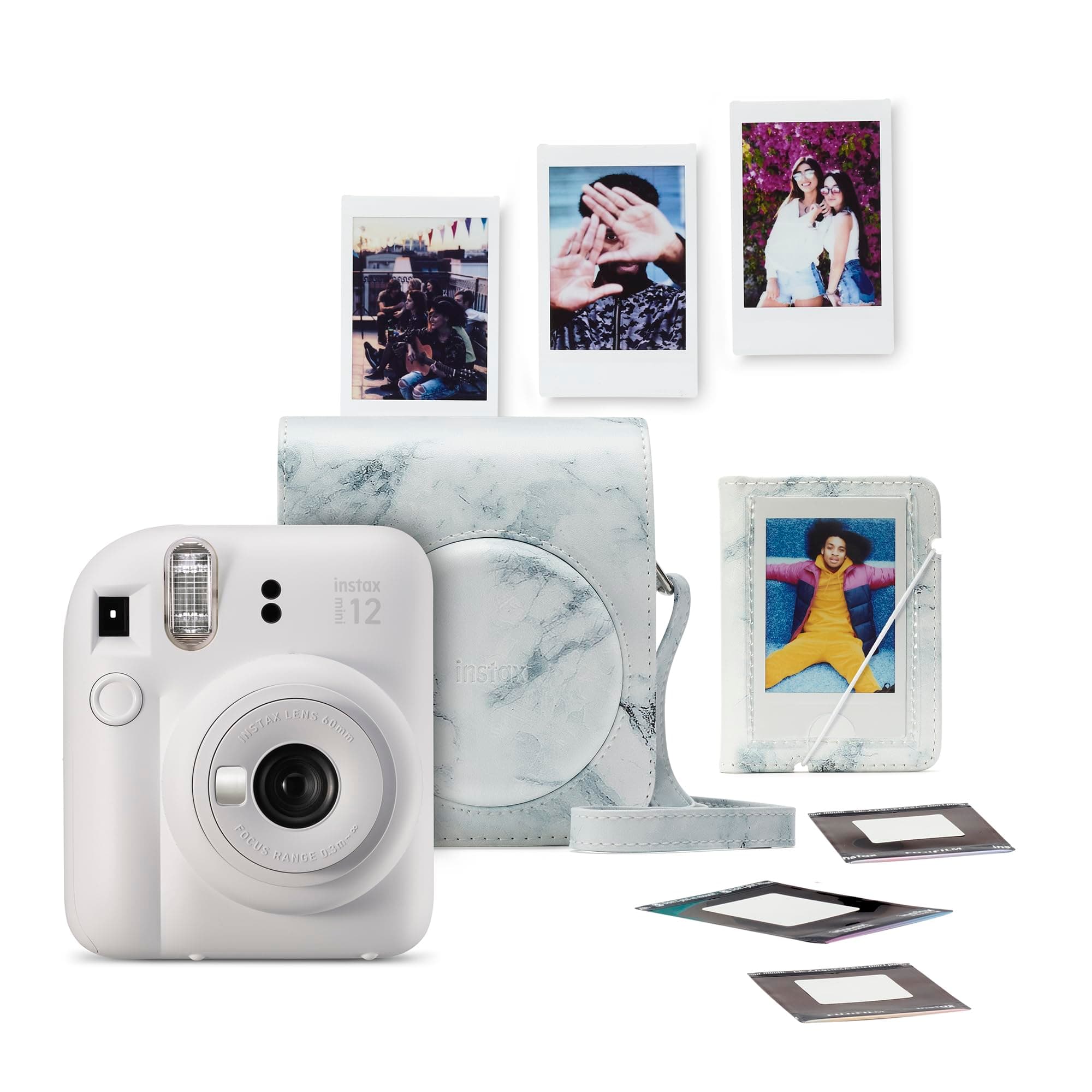 mini 12 instant camera bundle,pack contains; Camera, Ready-to-take camera case, mini photo albu in white marble finish, 1 x 10 shot mini white border instant film, photo stickers