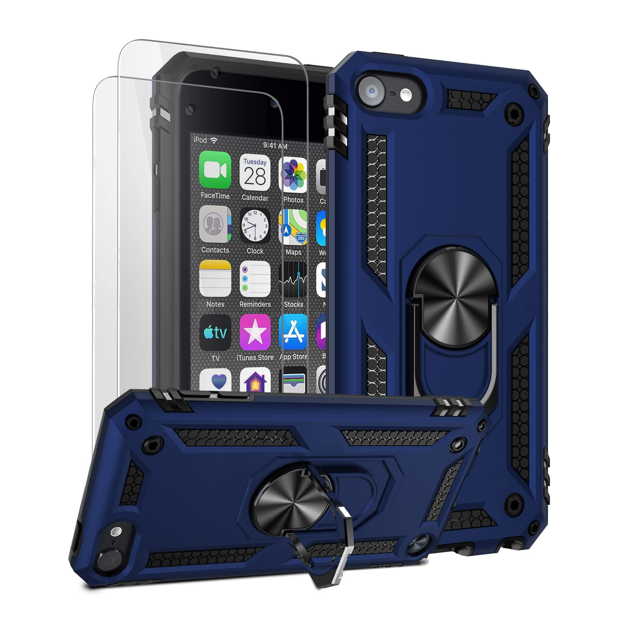 ULAK Compatible with iPod Touch 7/6/5 Case with 2 HD Screen Protectors, Hybrid Rugged Shockproof Cover with Built-in Kickstand for iTouch 5th/6th/7th Generation (Blue)