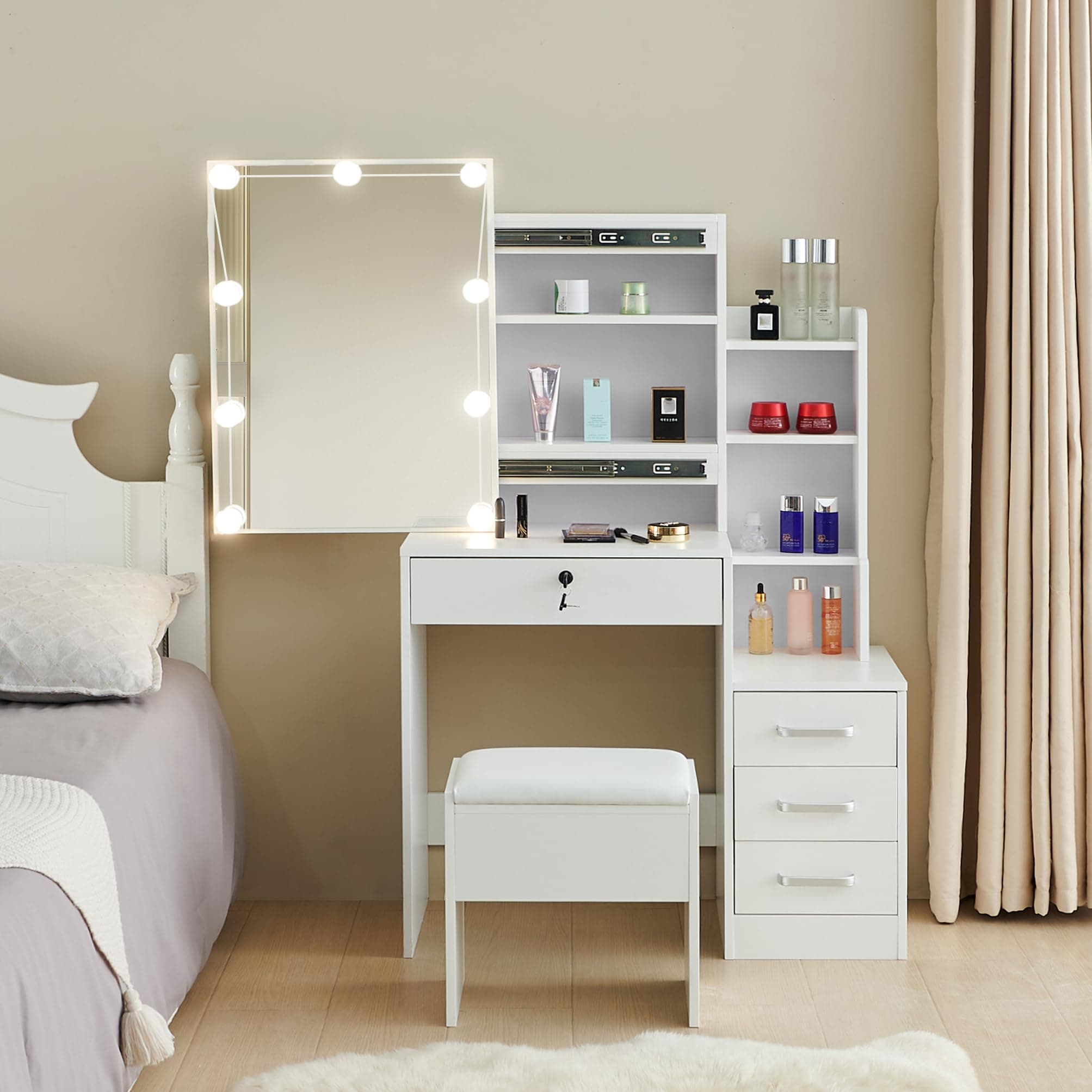 Dressing Table with Sliding Mirror Stool & Cushioned Vanity, Makeup Table Desk with LED Lights, 4 Drawer 3 Shelves Storage Unit for Bedroom Living Room Furniture for Girls Women, White