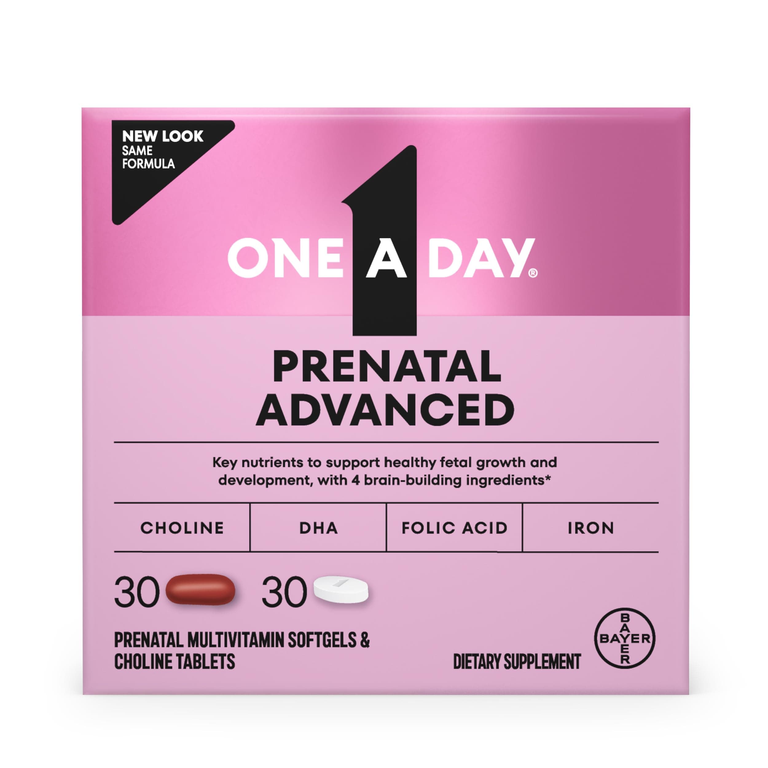 One A Day Womens Prenatal Advanced Complete Multivitamin with Brain Support* with Choline, Folic Acid, Omega-3 DHA & Iron for Pre, During and Post Pregnancy, 30+30 Count (60 Count Total Set)