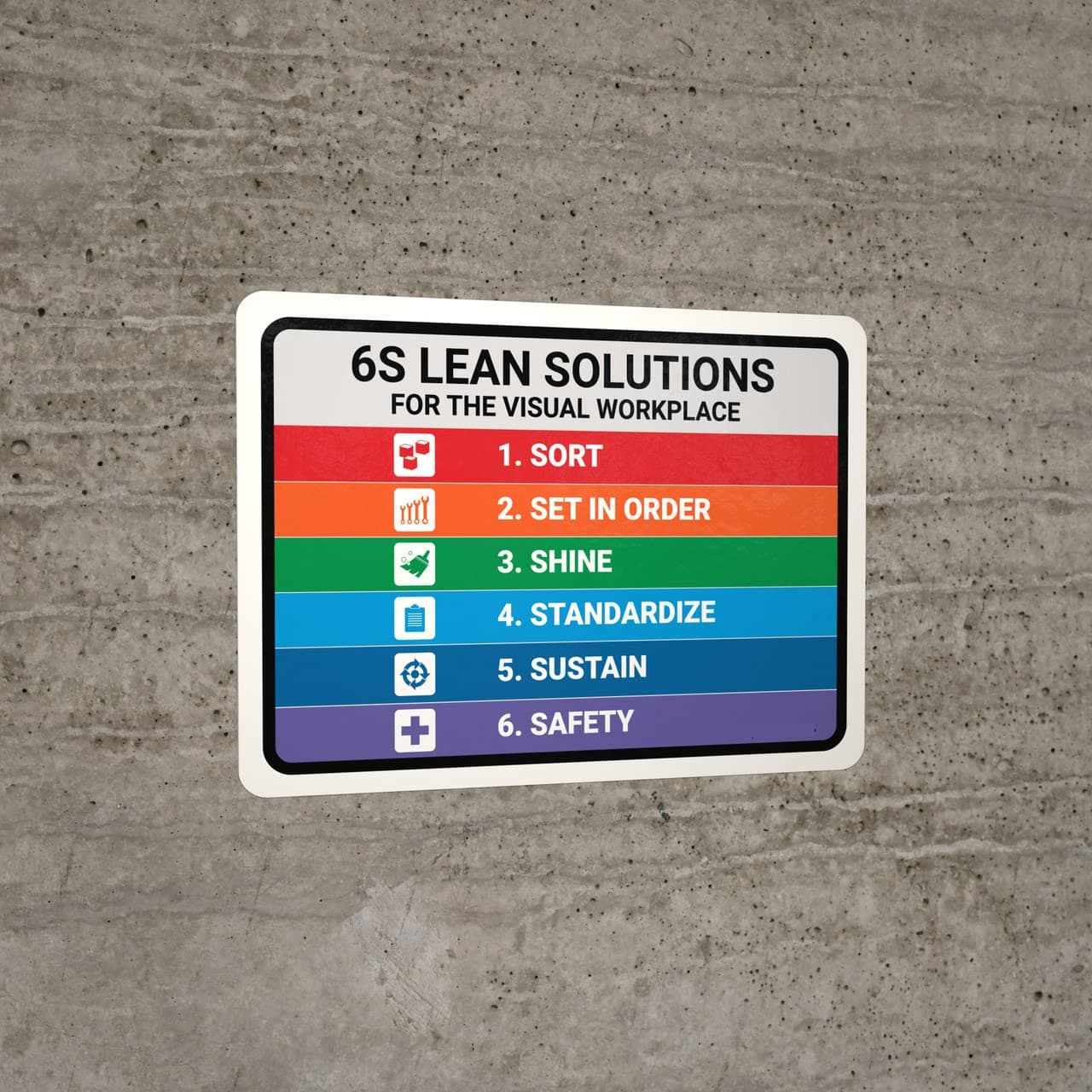 6S Lean Solutions for The Visual Workplace Sign Board, Acrylic Board Fixed with PVC Waterproof Sticker and doubleside Tape