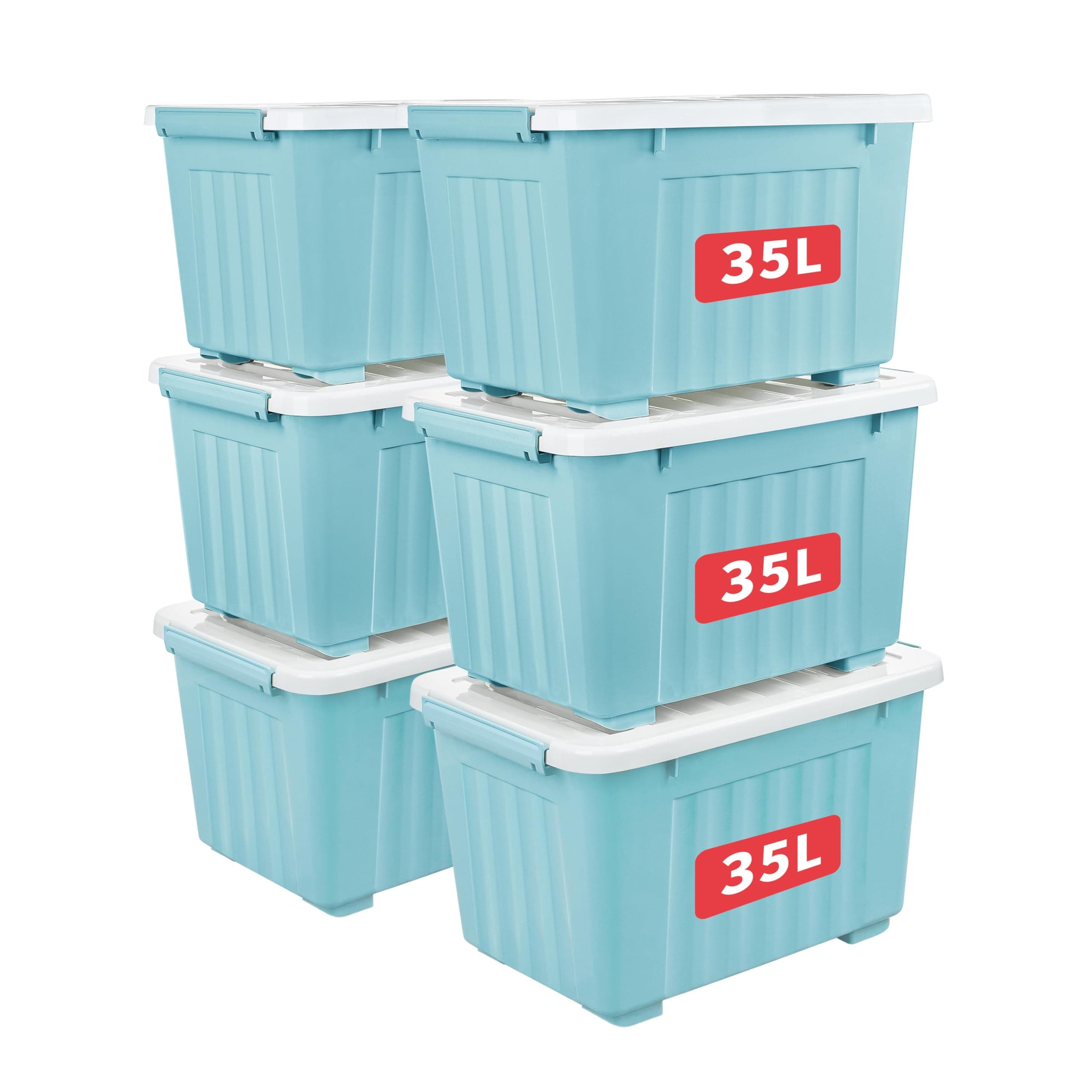 Cetomo 35L*6 Storage Boxes with Wheels, Plastic Storage Box with Lid, Latching Buckles, Click Closure, Stackable, Nesting, Durable Organizer for Home Office Clothes, Blue, 35L-6 Pack