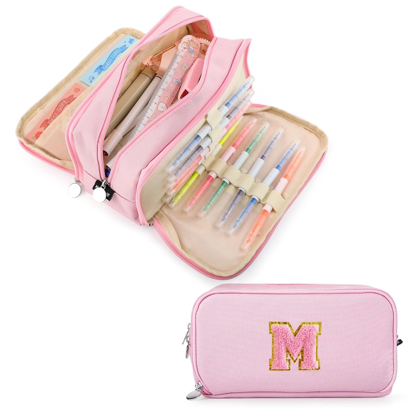 Extra Large Capacity Pencil Case 3 Compartment Initial Pencil Pouch Personalized Cute Aesthetic Stationery Pen Case Bag for School Teen Girl Boy Men Women Gift (M, Pink)
