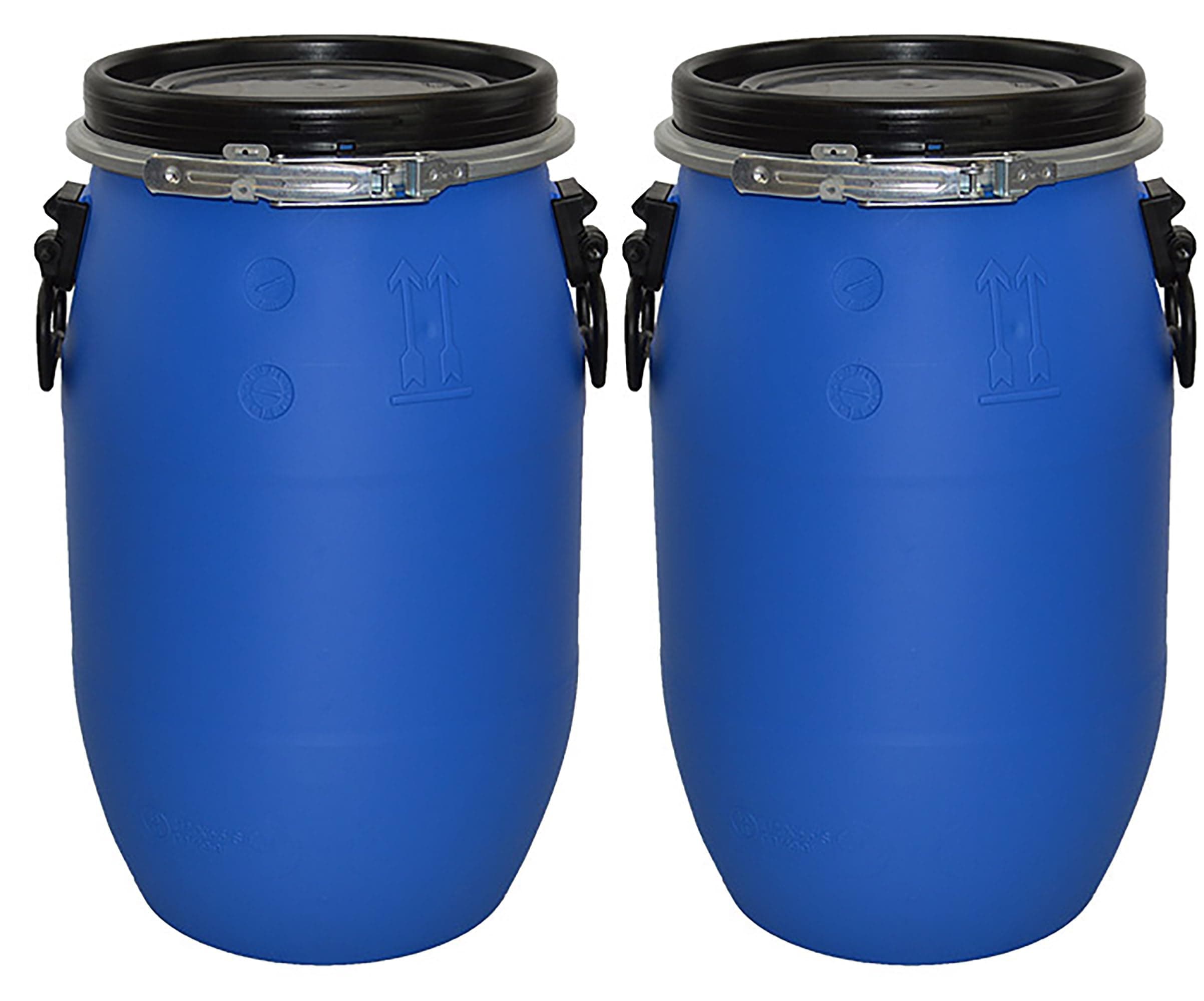 ITP Packaging 2 x 30 Litre Open Top Plastic Storage Shipping Barrel Drum Keg for transporting and Exporting Food, Cereal, Clothing Complete with Lid and Latch Ring, UN Approved, Air Tight, Food Grade