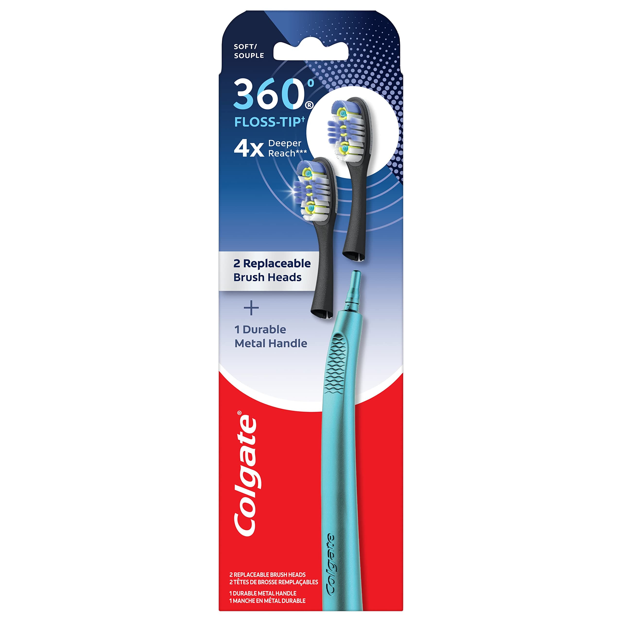Colgate 360 Floss Tip Replaceable Head Toothbrush Starter Kit, 2 Brush Heads and Metal Handle