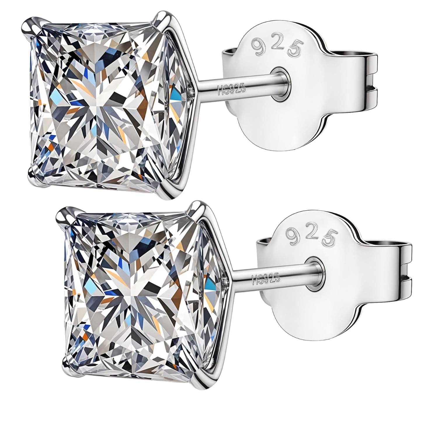 925 Silver Square Solitaire Stud Earrings | 92.5 Sterling Silver & Square Brilliant Cubic Zirconia Tops for Men Women Boys & Girls