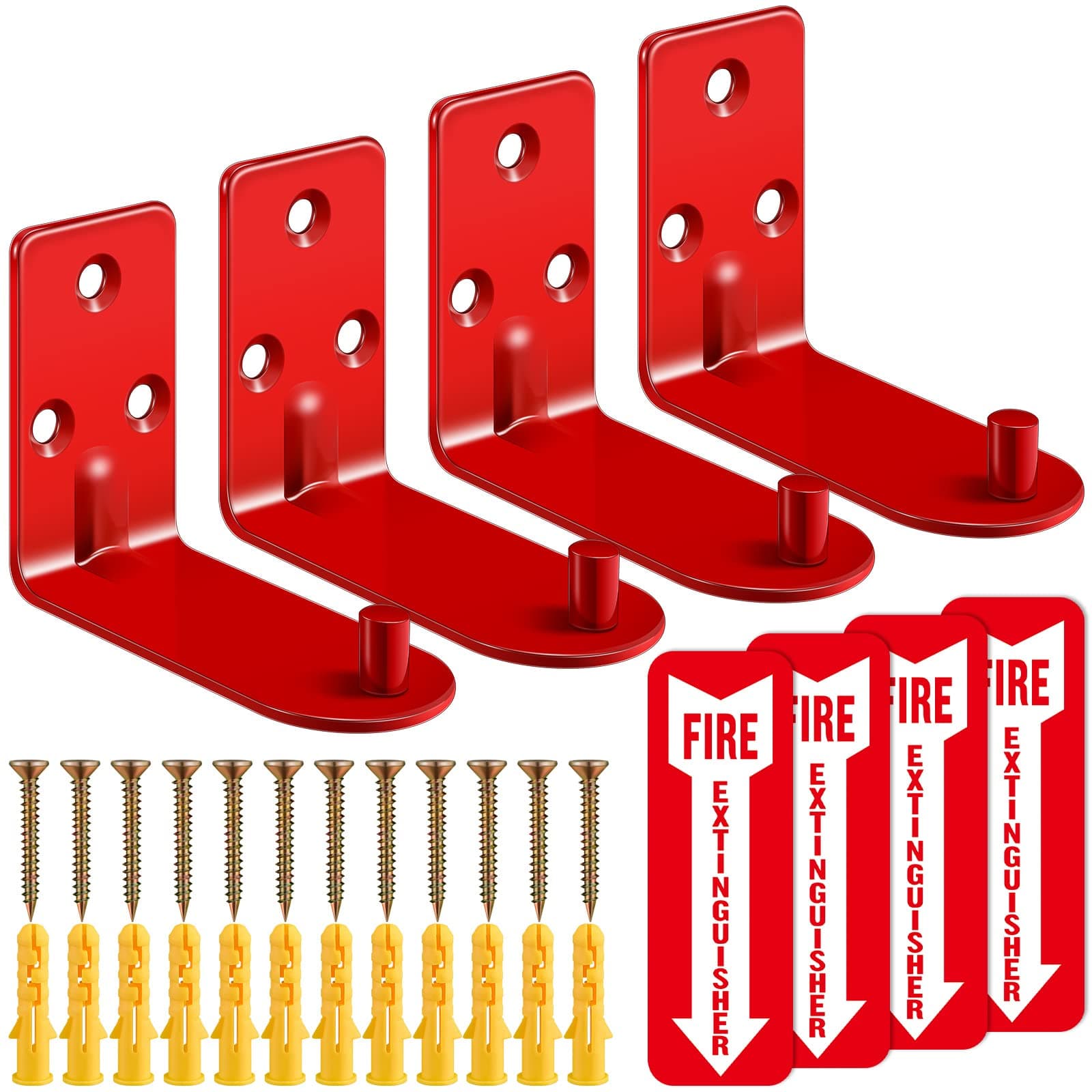 Oudain 4 Sets Fire Extinguisher Mount Bracket for 5-20 lb Fire Extinguisher Wall Mount Universal Holder Wall Hook with Screws Gaskets Self Adhesive Safety Sticker Sign
