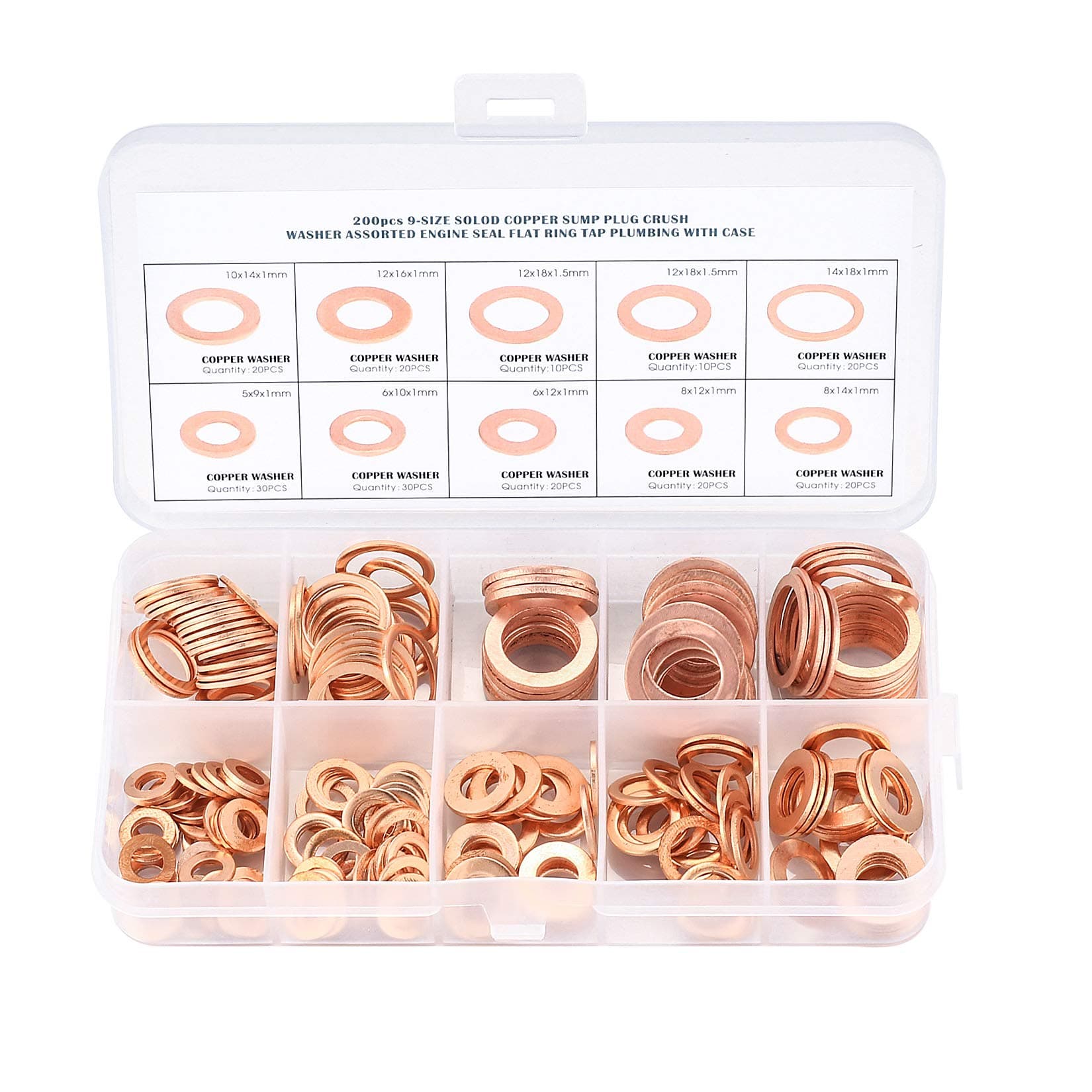 200 Pcs Copper Washers Assorted, Flat Washers Kit, 9 Sizes Sealing Ring Washer Assortment Set, Plain Washer with Storage Box(M5 M6 M8 M10 M12 M14)