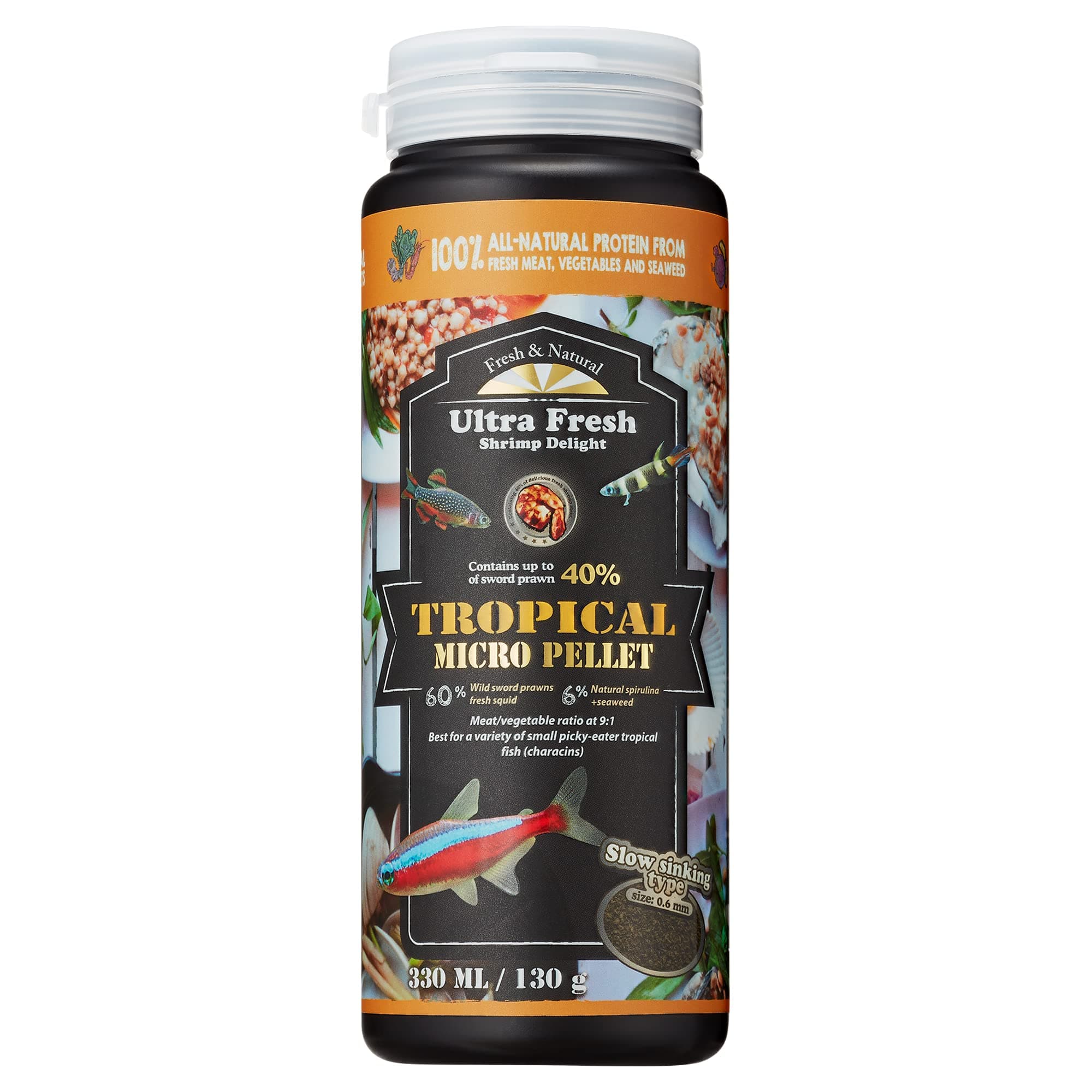 - Ultra Fresh Tetra Fish Food, Slow Sinking, All Natural Ingredients, Wild Sword Prawns, Spirulina, Natural Color Enhancement, Small Granules for Small Fish, Tropical Micro Pellet 4.6 oz