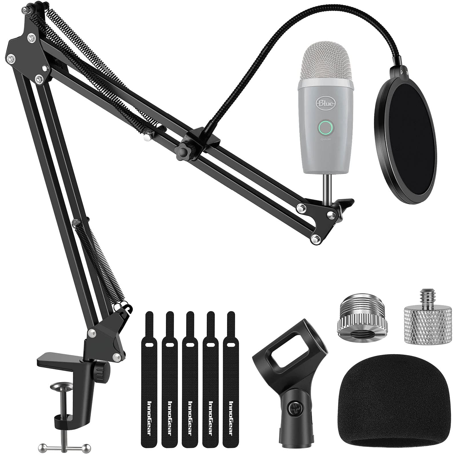 Microphone Stand, Adjustable Mic Stand Set for Blue Yeti Nano Suspension Boom Scissor Arm Stand with 5/8" to 3/8" Screw, 5/8" to 1/4 Screw, Nano Mic Windscreen and Dual Layered Mic Pop Filter