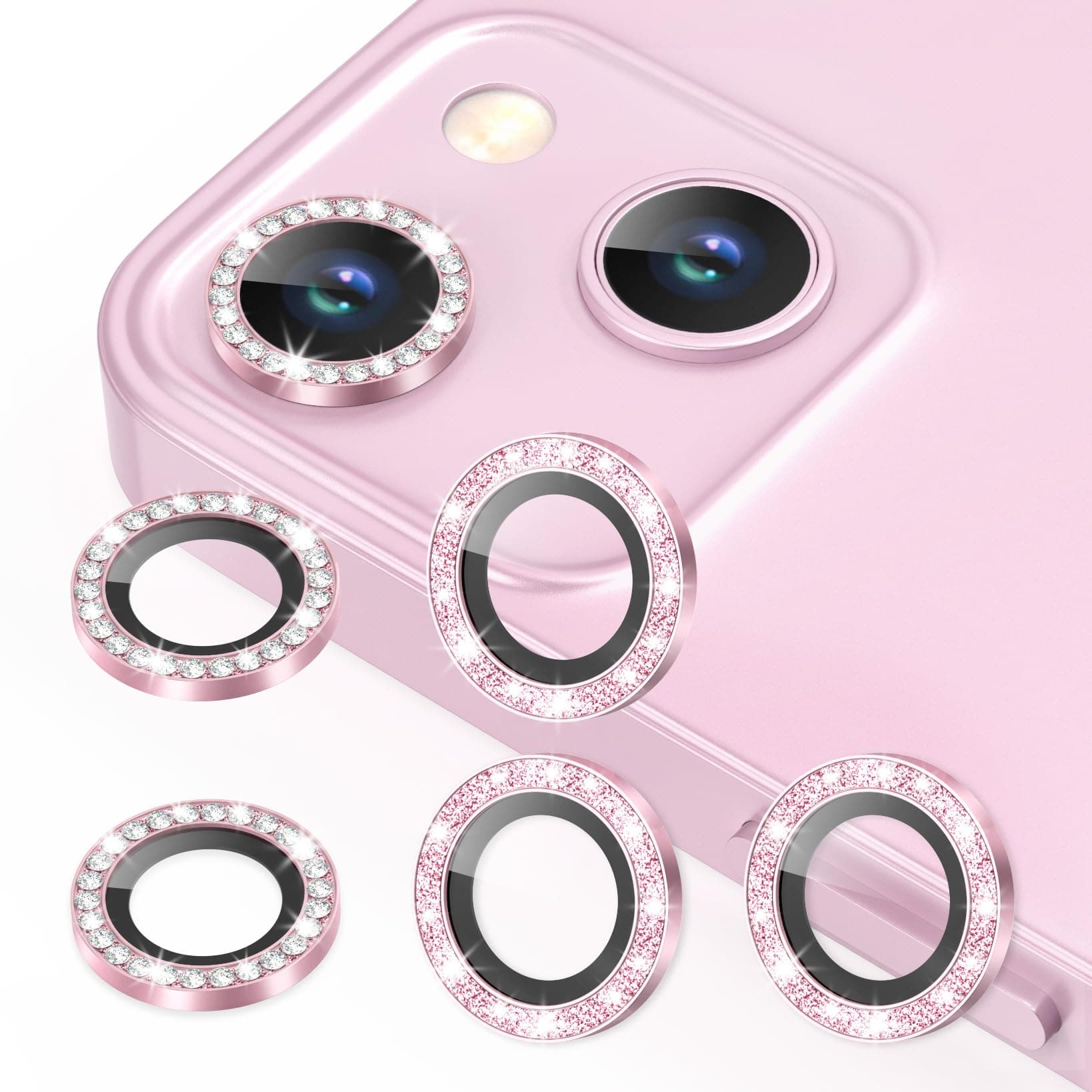3+3 6 Pack for iPhone 13 6.1" / 13 Mini 5.4" Camera Lens Protector, Bling Diamond & Bling Glitter Metal Ring 9H Tempered HD Glass Camera Cover Film, Bling-Pink
