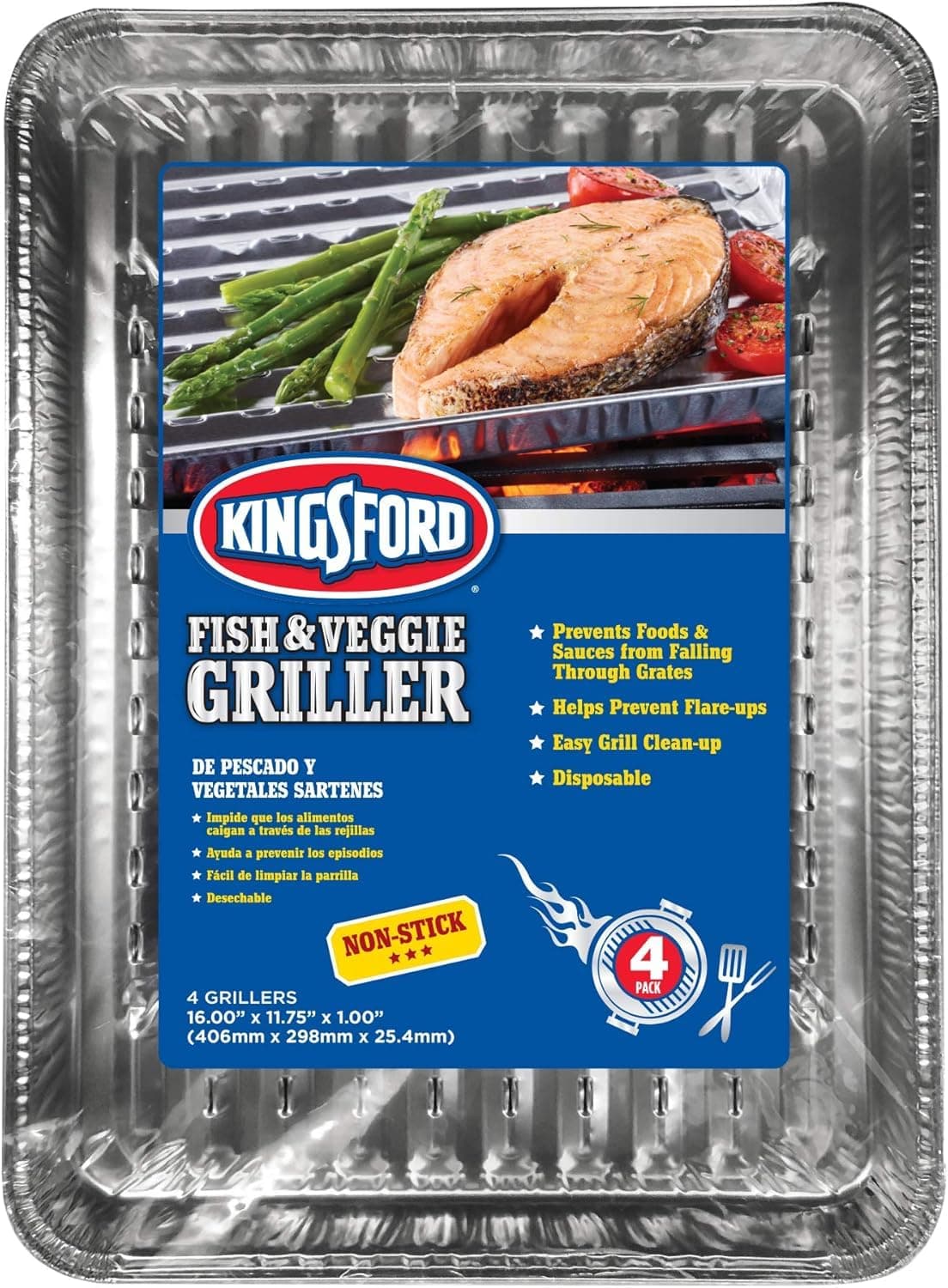Kingsford Fish & Veggie Grill Liners, Nonstick Aluminum Griller Pans for BBQ, Helps Keep Food from Falling Through Grates, Disposable Heat-Safe Grill Accessories, 16" x 11.75", 4 Count