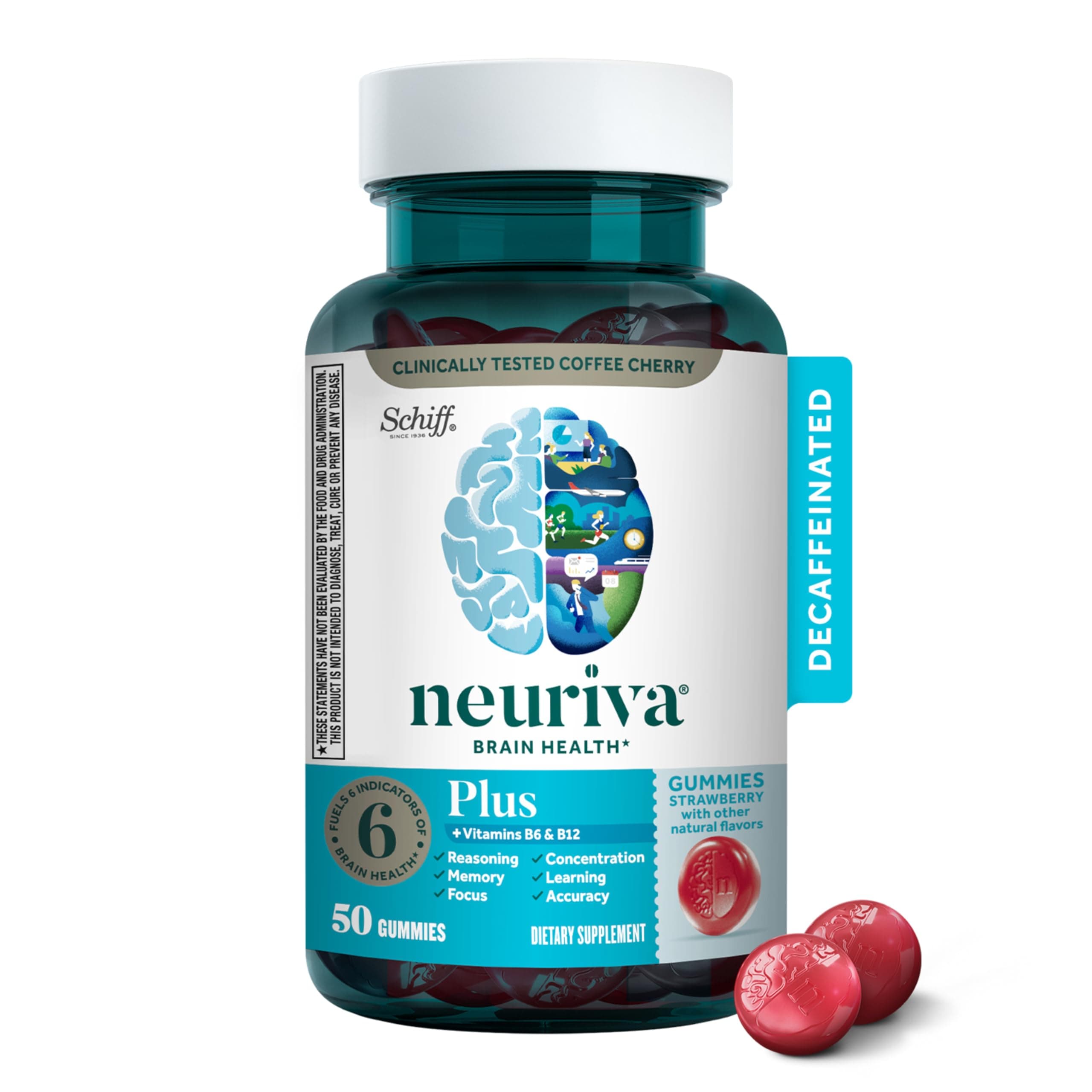 Plus Brain Supplement For Memory, Focus & Concentration + Cognative Function with Vitamins B6 & B12 and Clinically Tested Nootropics Phosphatidylserine and Neurofactor, 50ct Strawberry Gummies