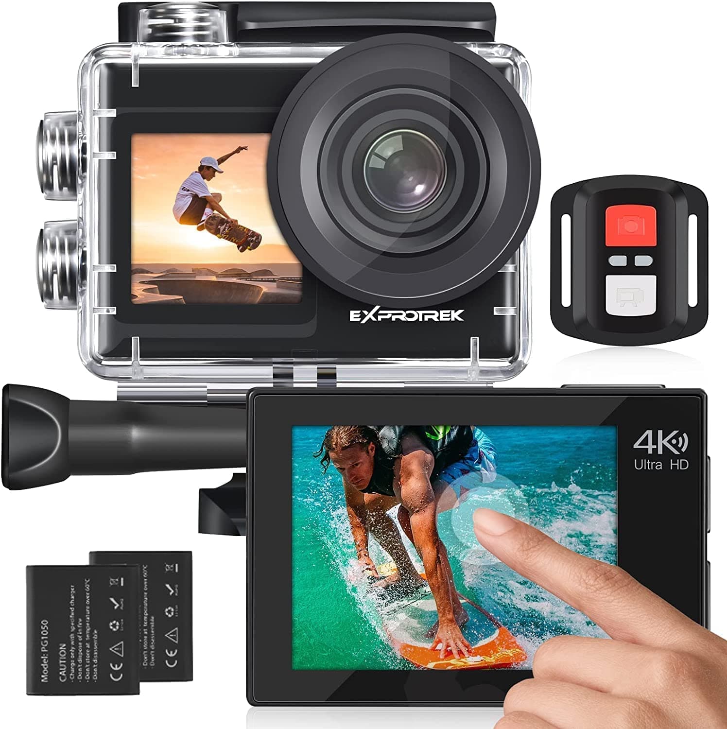 4K Action Camera with Touch Screen, EIS Stabilization, 170 ° Ultra Wide Angle, 40 Meter Waterproof Underwater Camera, Remote Control Sports Camera with Helmet Accessory Set