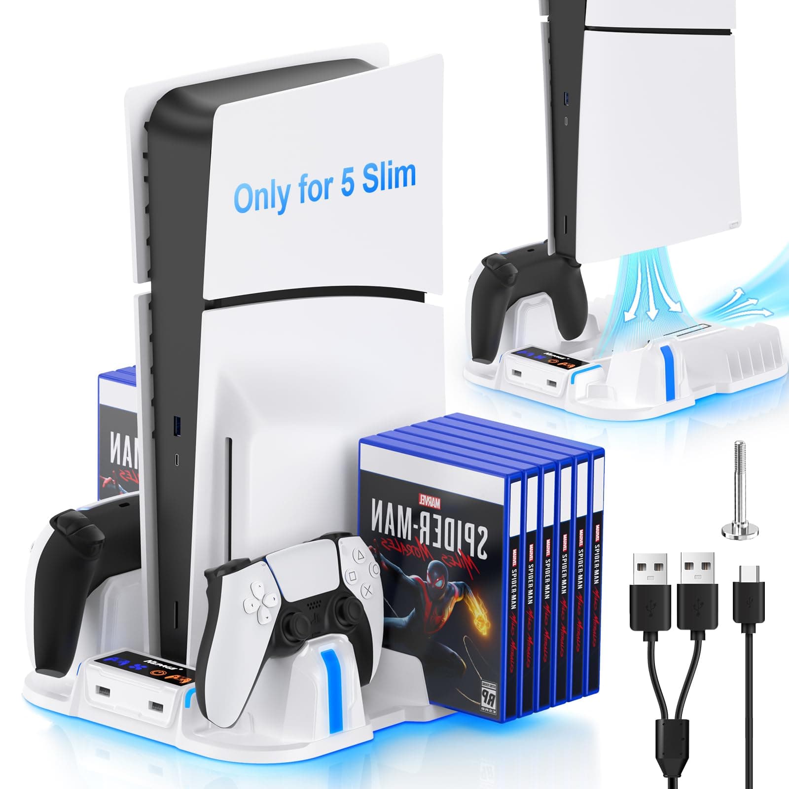5 Slim Cooling Stand with Controller Charging Station for 5 Slim Console, 3 Levels Cooling Fan, 12 Pcs Game Storage, White