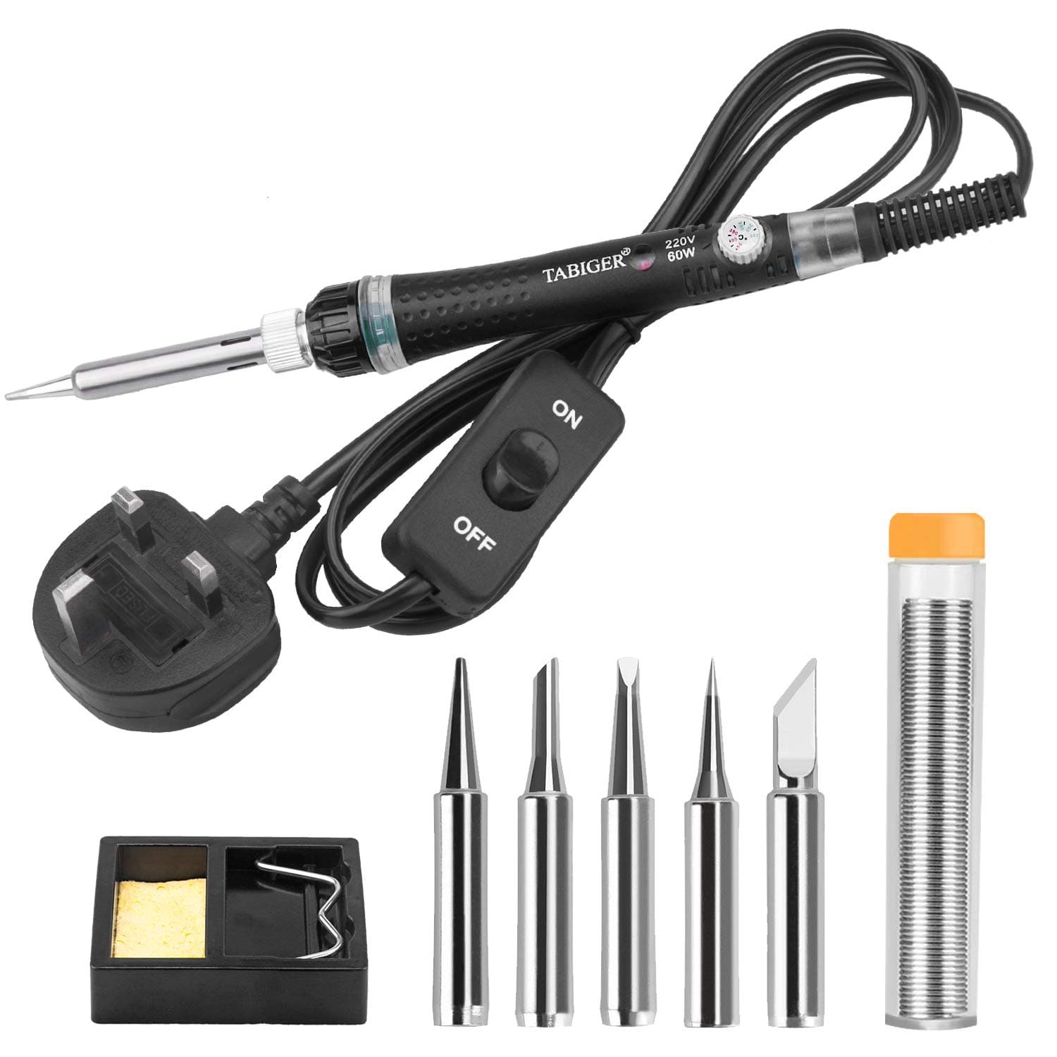 Tabiger Soldering Iron Kit with Adjustable Temperature ON/Off Switch, 60W/220V Electronics Soldering Tool with 5PCS Soldering Tips, Solder Wire, Soldering Iron Stand with Sponge for Repair Usage