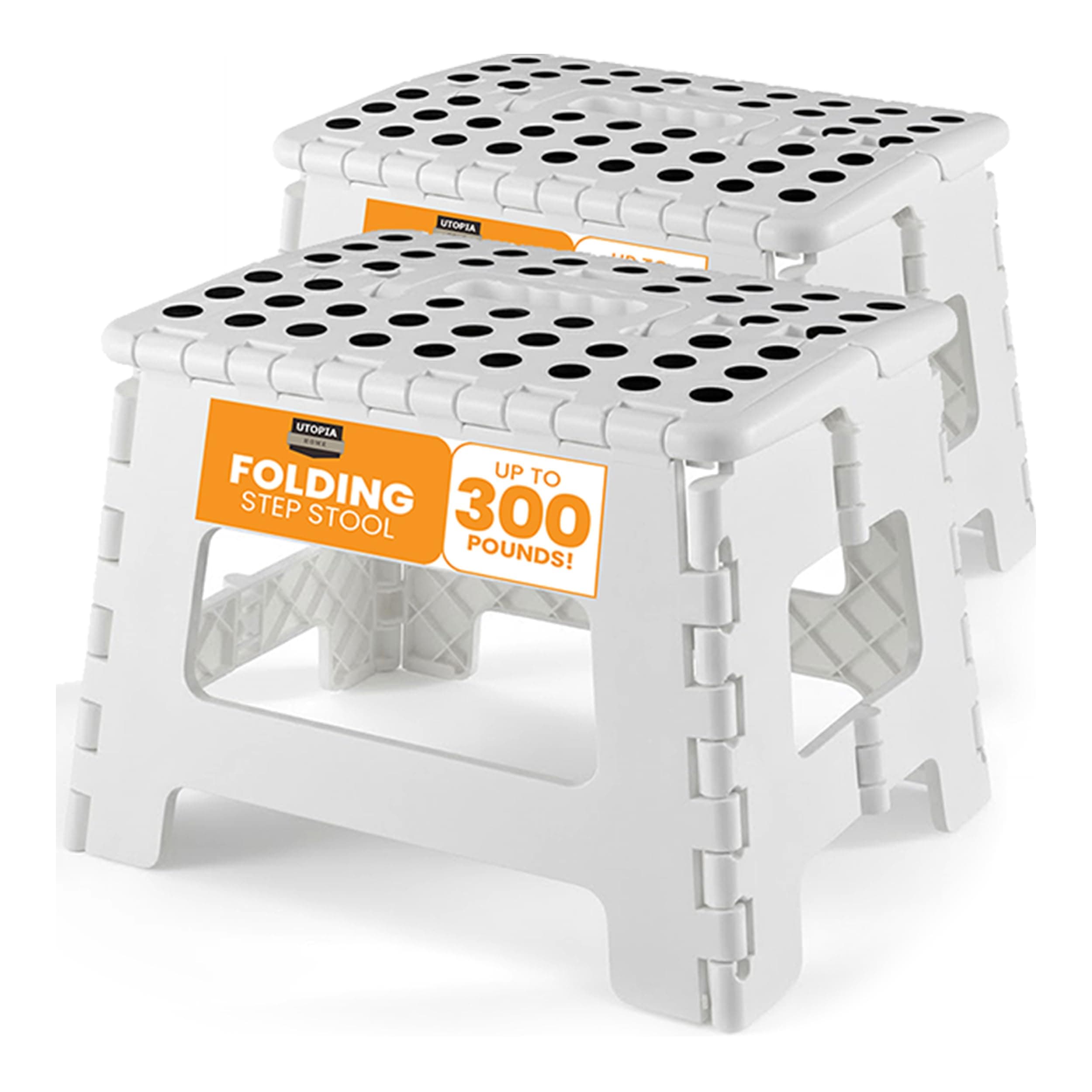 Utopia Home Folding Step Stool with Handle – 9 Inch Anti Slip Collapsible Stool – Holds Up to 300 lbs – Sturdy Plastic Step Stool Foldable for Kitchen, Bathroom and Home Use (2-Pack, White)