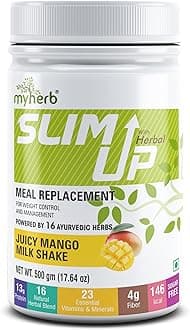 - MYHERB Slim Up Meal Replacement Shake With 16 Natural Herbal Blend (Ayurvedic Formula) For Weight Control&Management-13.5g Protein-23 Vitamins For Men&Women (Juicy Mango Milk Shake, 500 gm)
