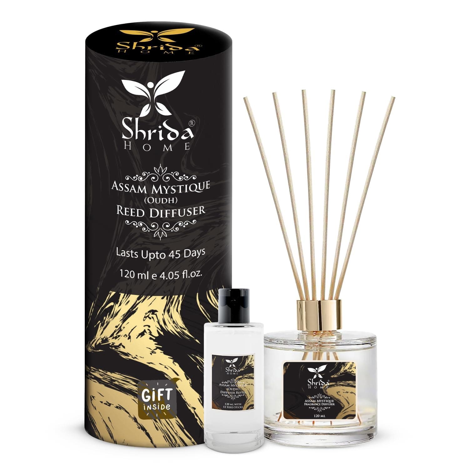 Black Oudh Reed Diffuser Combo with Extra 120ml Refill, Woody Long-Lasting Aroma, Toxin-Free Stress Relief, Ideal for Home, Bedroom, Bathroom & Office, Includes 6 Sticks
