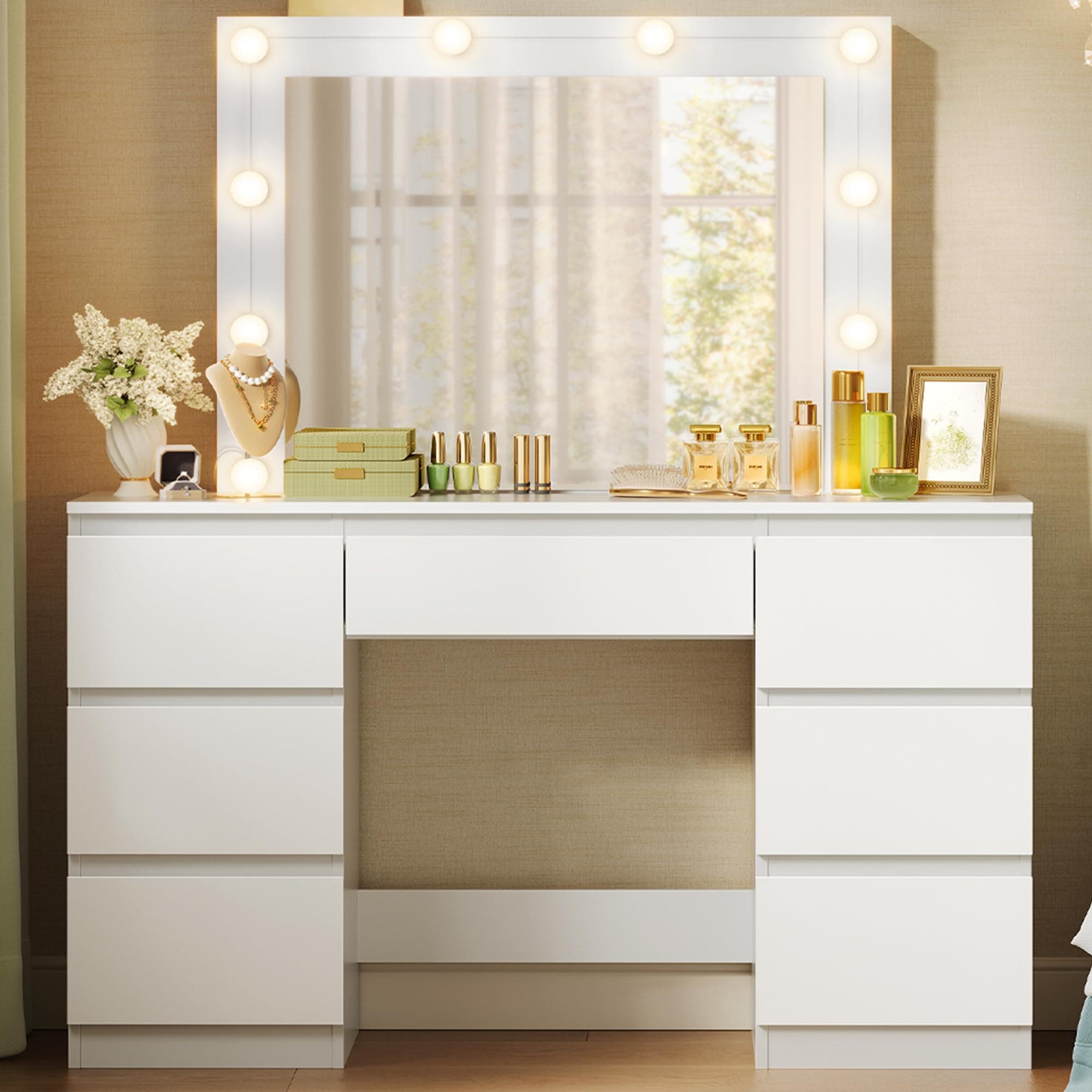 WOLTU Dressing Table with LED Bulb Lights, Adjustable Brightness, Vanity Table Makeup Desk with Large Mirror and 7 Drawers, 107 x 140.5 x 39.5 cm, White Bedroom Dresser, MB6099ws