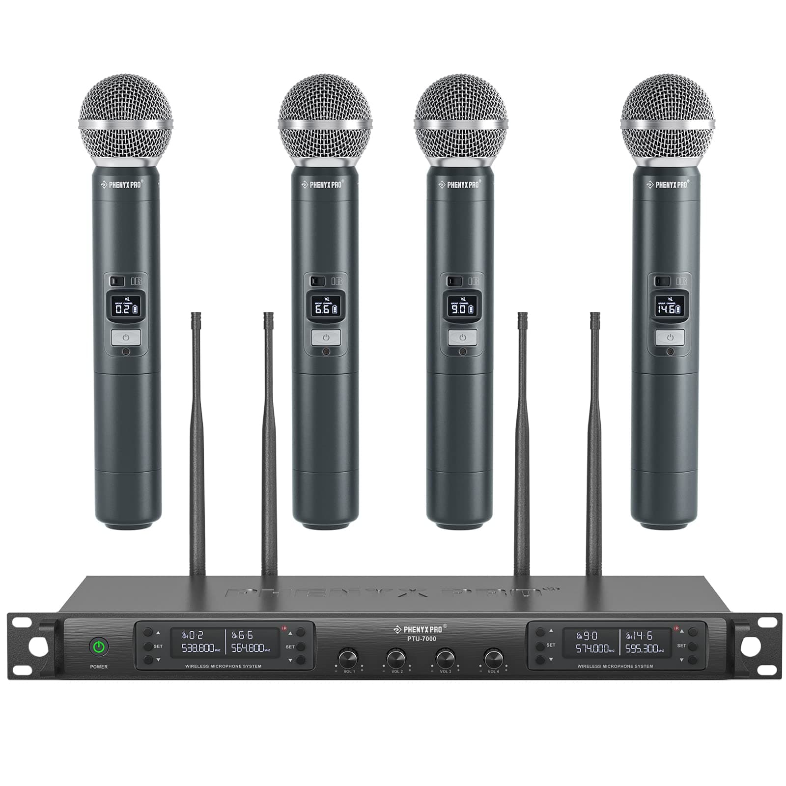 Phenyx Pro Wireless Microphone System, Quad Channel Wireless Mic, w/ 4x40 UHF Frequencies, Auto Scan, 328ft Long Range, 4 Handheld Dynamic Microphone for Singing, Church, Karaoke (PTU-7000-4H)