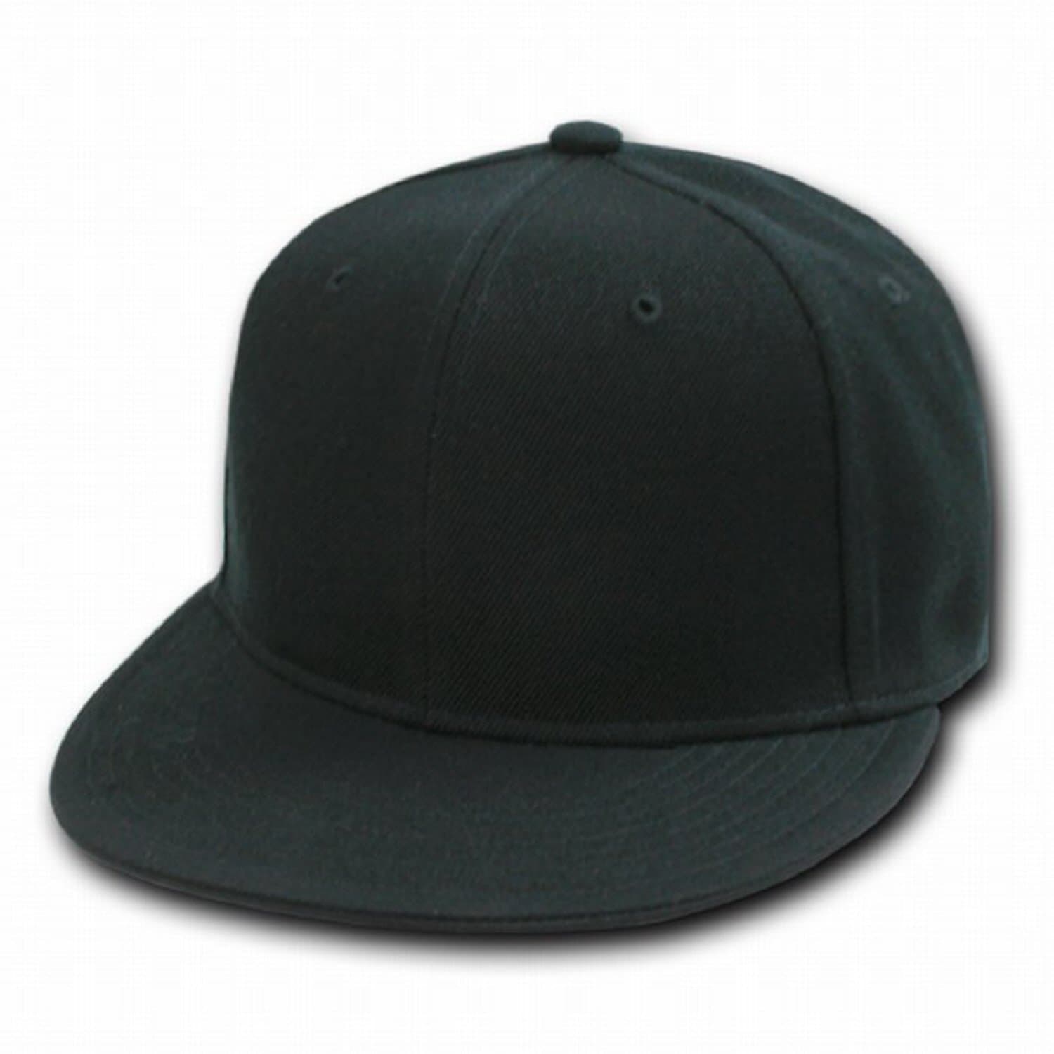 Plain Fitted Flat Bill Hat - Black, 7 1/2